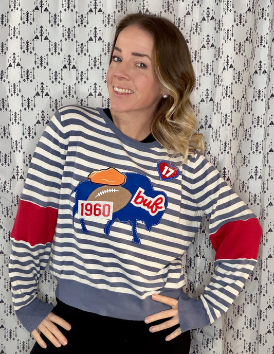Striped Everything Buffalo Football Crewneck Sweater Size- Women's M/L