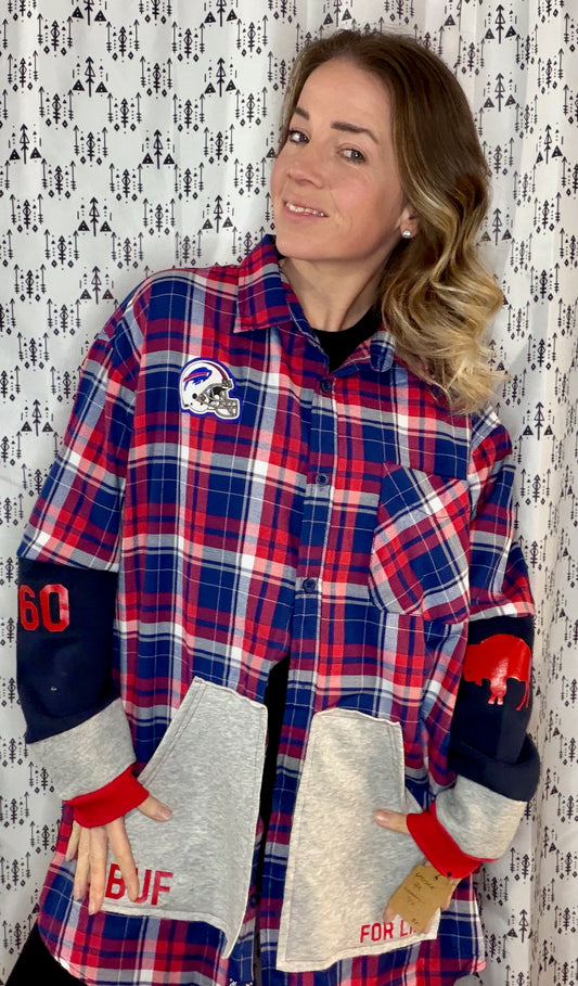 Red Plaid Buffalo Football #17 Button Up Size Unisex- 3X
