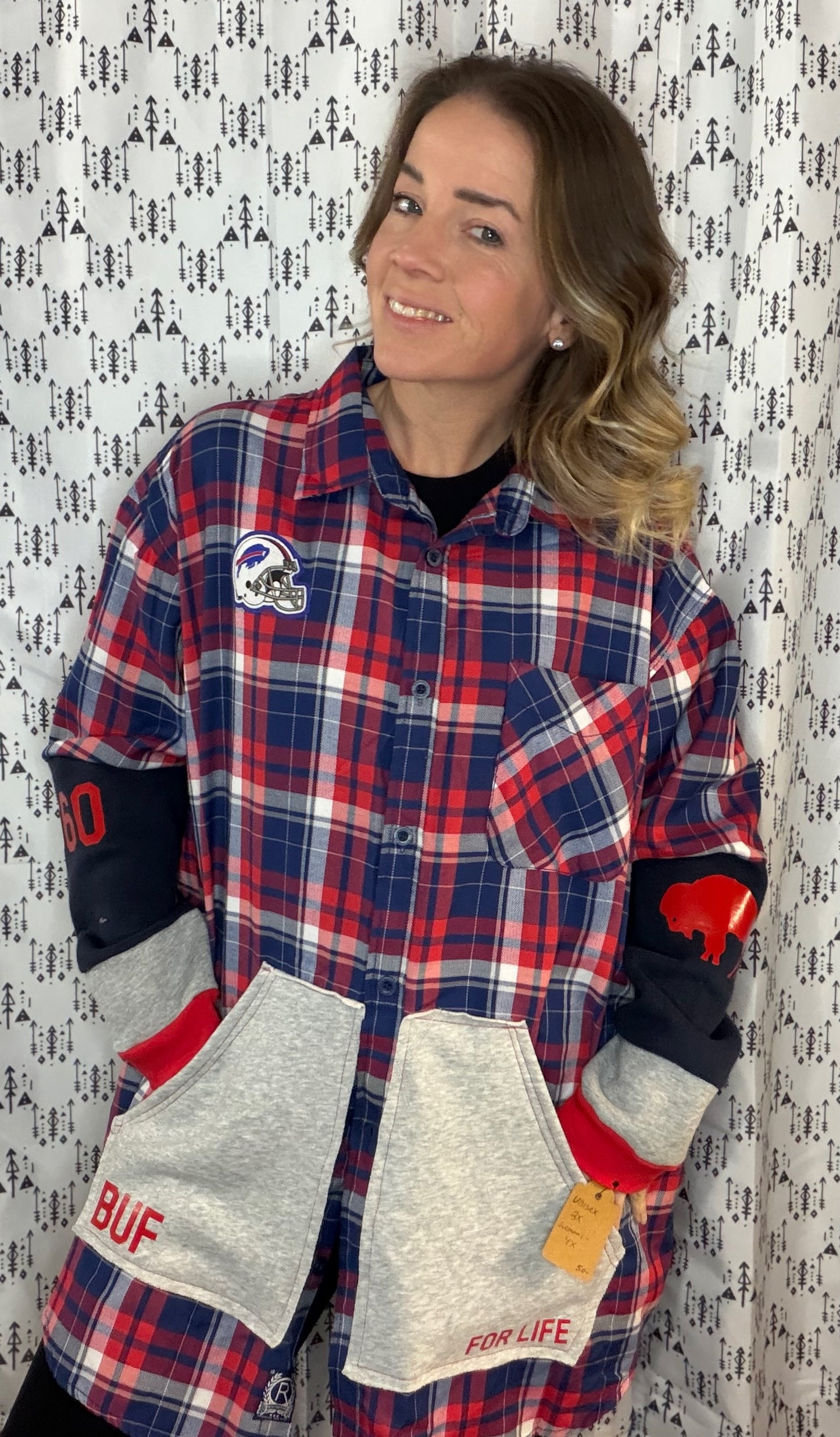 Red Plaid Buffalo Football #17 Button Up Size Unisex- 3X