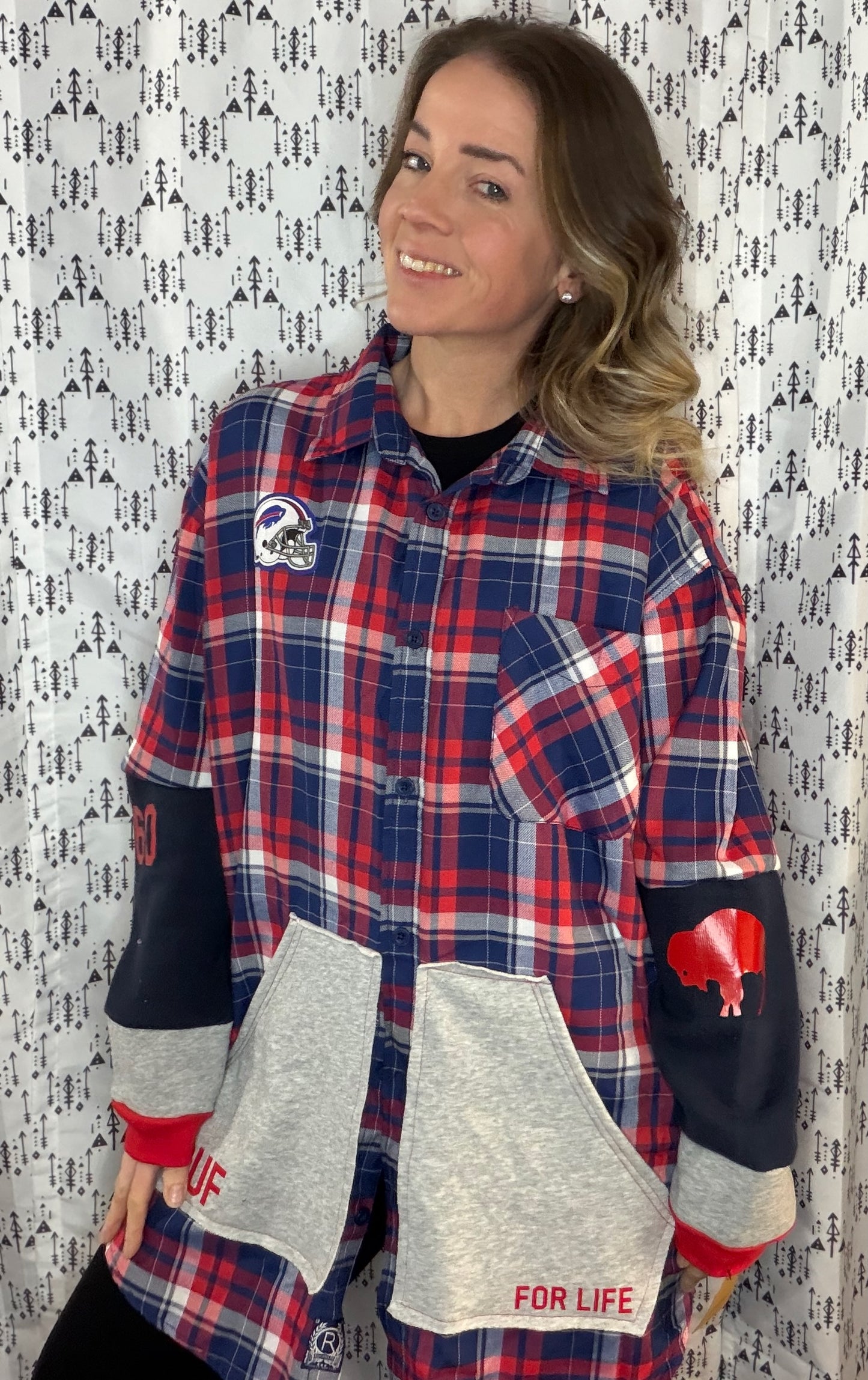 Red Plaid Buffalo Football #17 Button Up Size Unisex- 3X