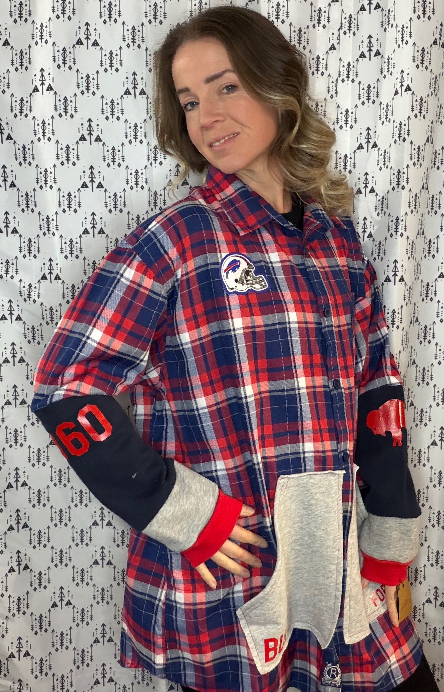 Red Plaid Buffalo Football #17 Button Up Size Unisex- 3X