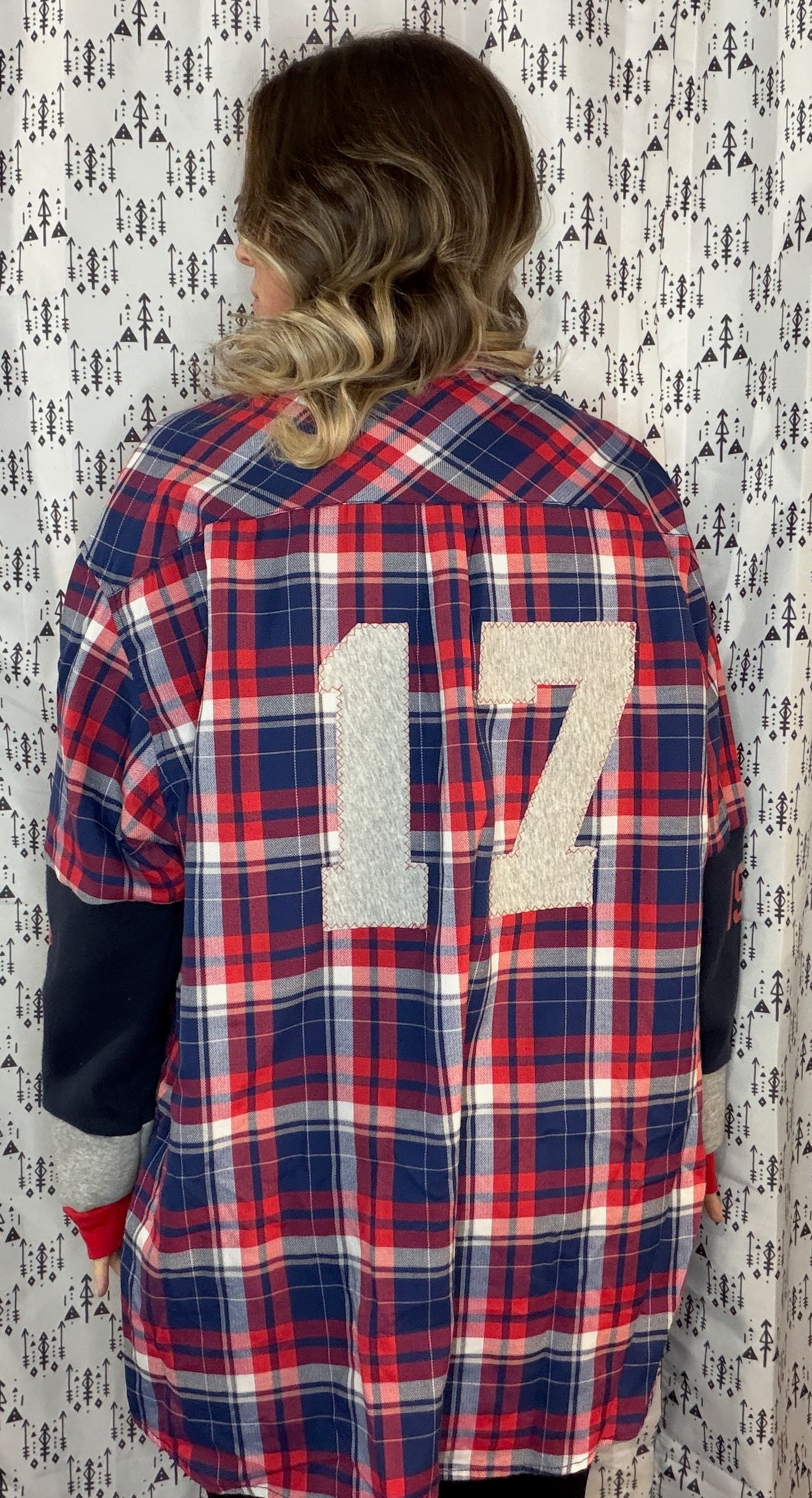 Red Plaid Buffalo Football #17 Button Up Size Unisex- 3X
