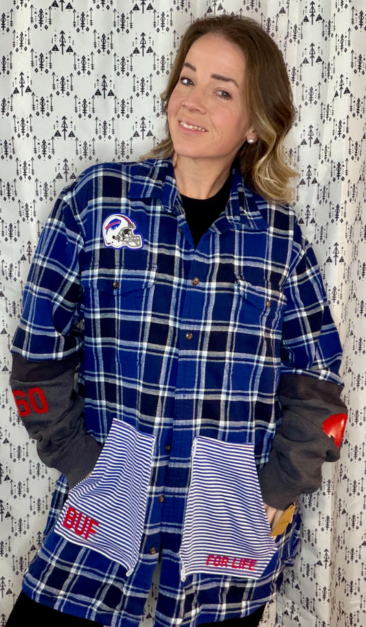 Blue Plaid Buffalo Football Button Up Size Unisex- L/XL
