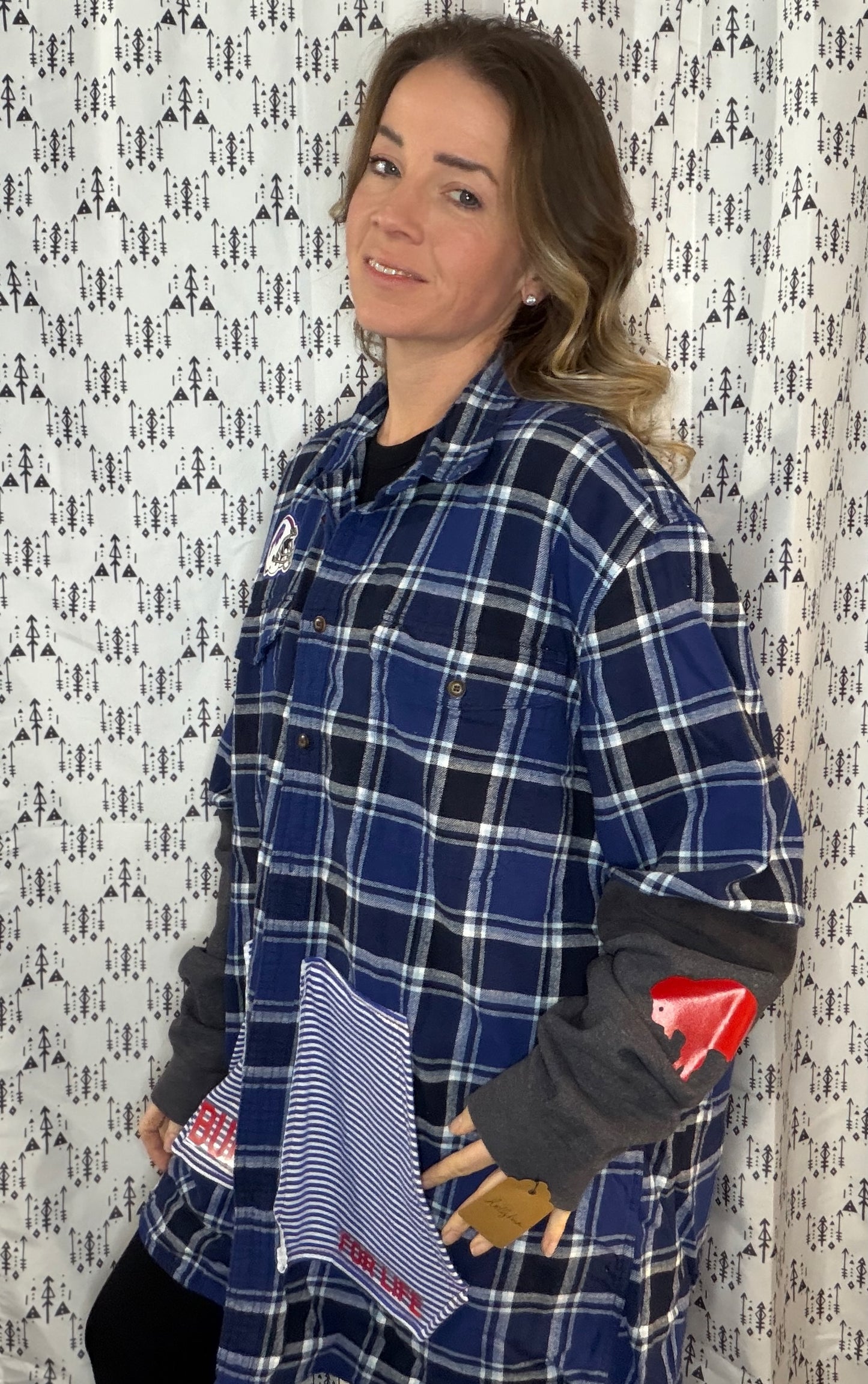 Blue Plaid Buffalo Football Button Up Size Unisex- L/XL