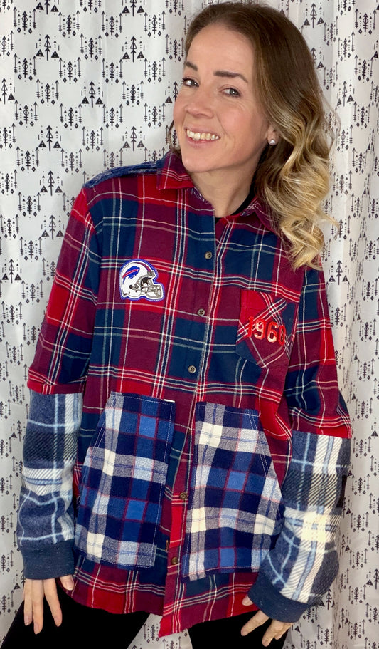 Red Plaid Buffalo Football Button-Up Size- Women's L/XL