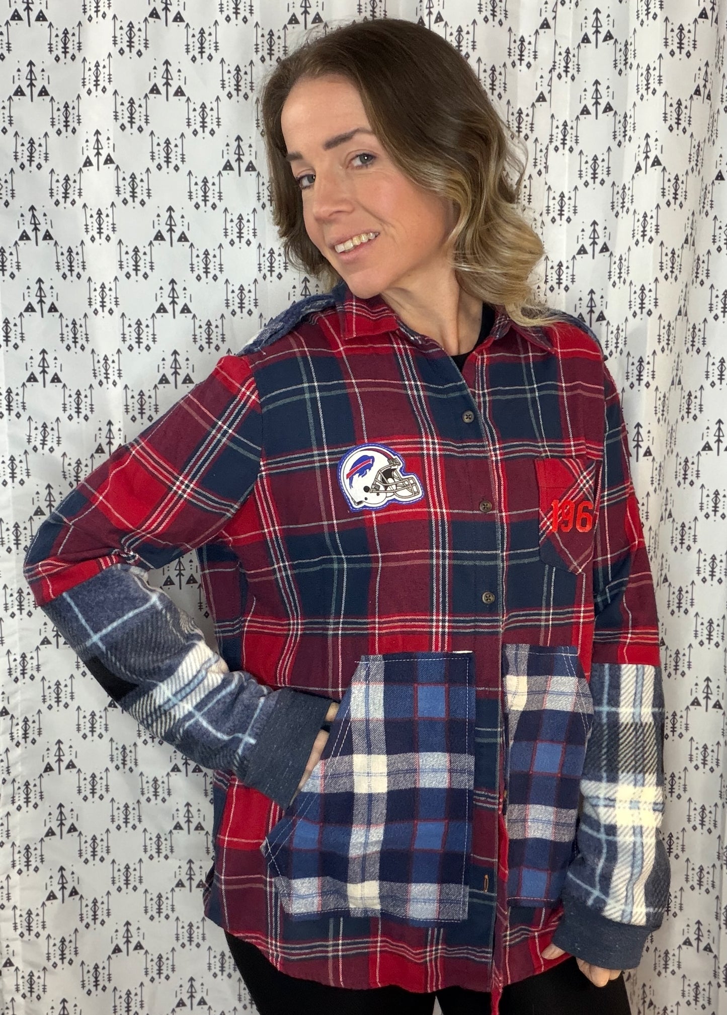 Red Plaid Buffalo Football Button-Up Size- Women's L/XL