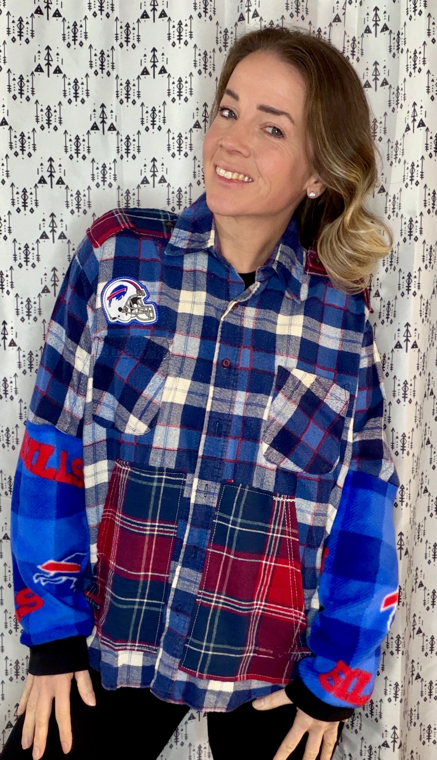 Blue Plaid Buffalo Football Button-Up Size- Women's XL/2X