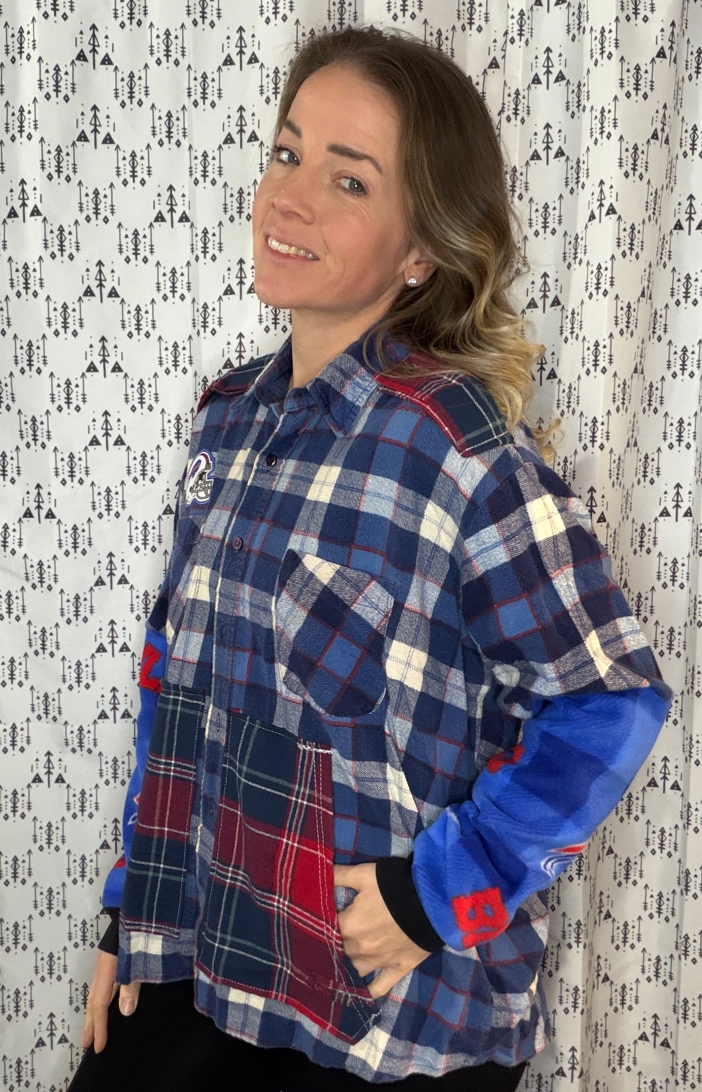 Blue Plaid Buffalo Football Button-Up Size- Women's XL/2X