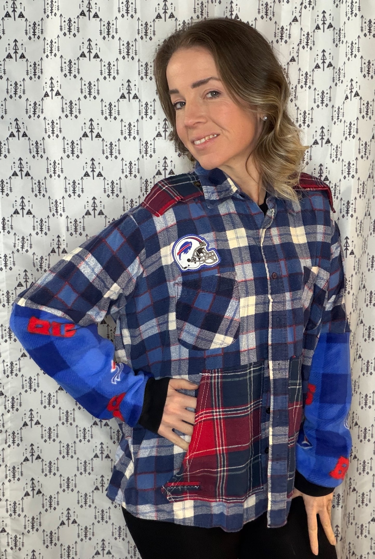 Blue Plaid Buffalo Football Button-Up Size- Women's XL/2X