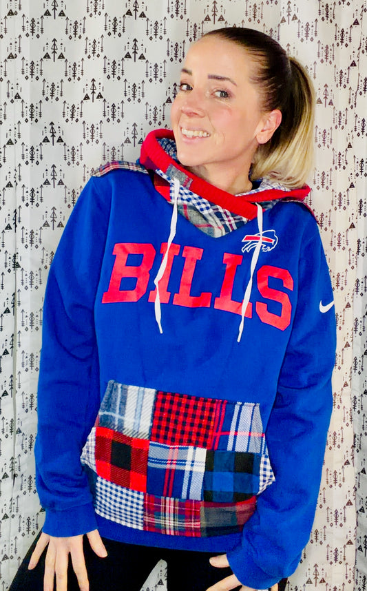 Blue Plaid Patchwork Bills Hoodie Size Unisex- S/M