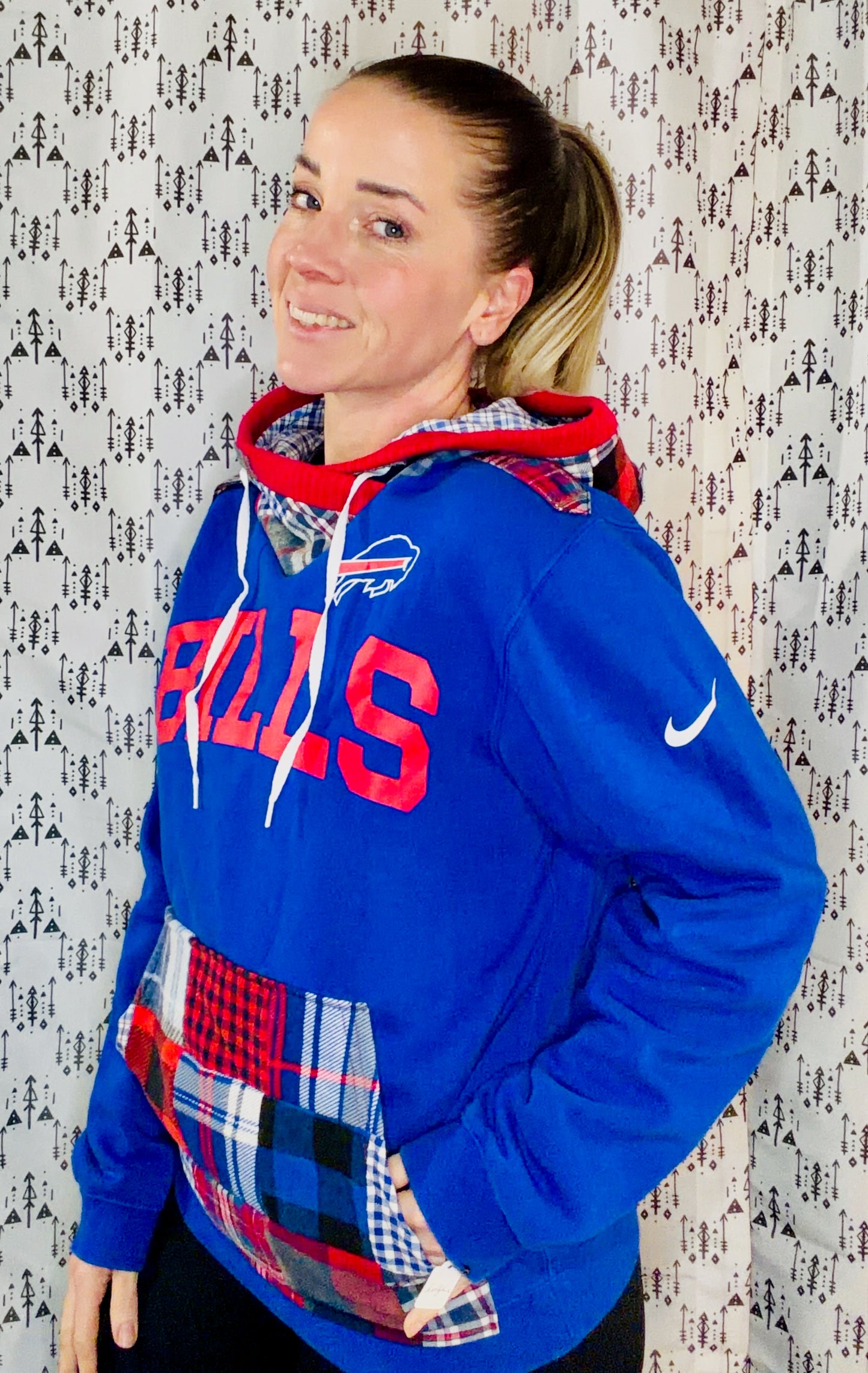 Blue Plaid Patchwork Bills Hoodie Size Unisex- S/M
