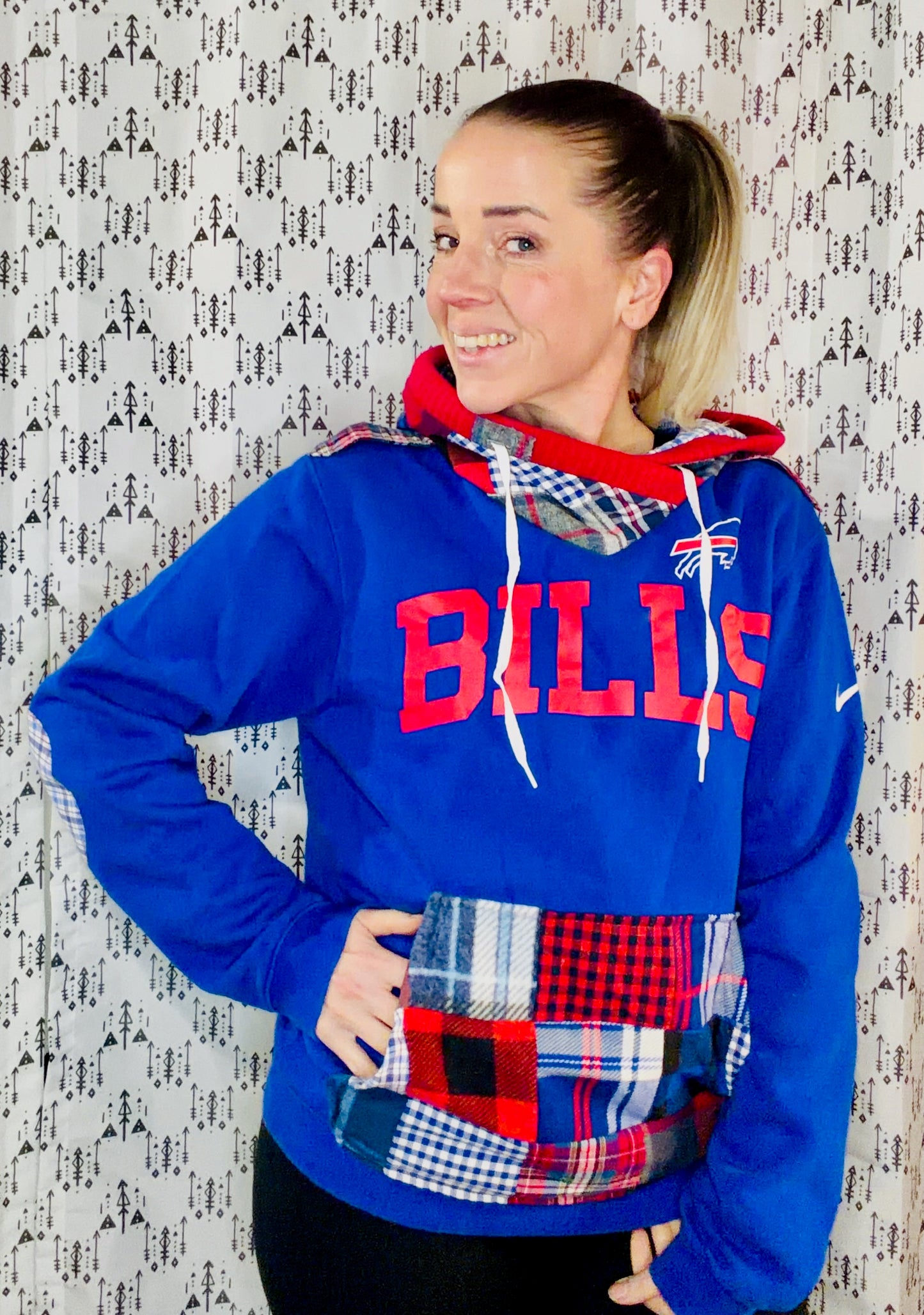 Blue Plaid Patchwork Bills Hoodie Size Unisex- S/M