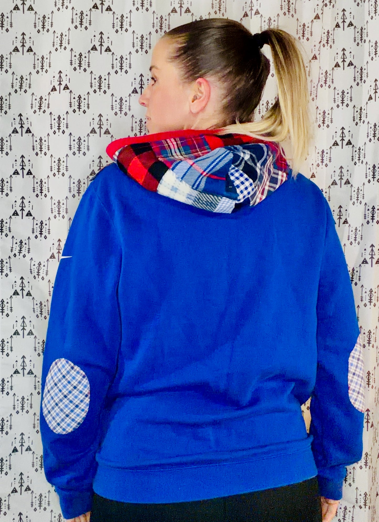 Blue Plaid Patchwork Bills Hoodie Size Unisex- S/M
