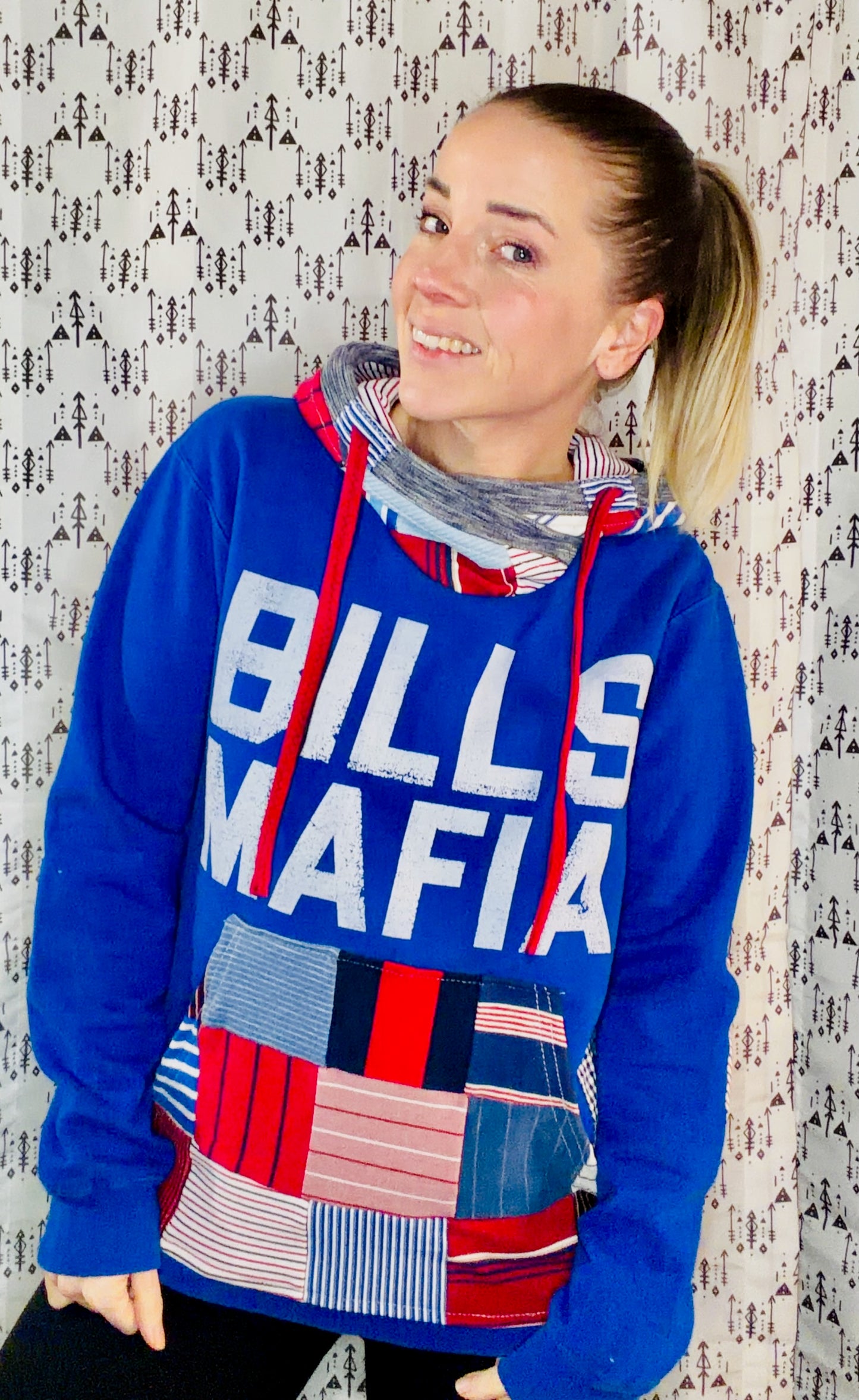 Blue Striped Patchwork Bills Mafia Hoodie Size Unisex- S/M