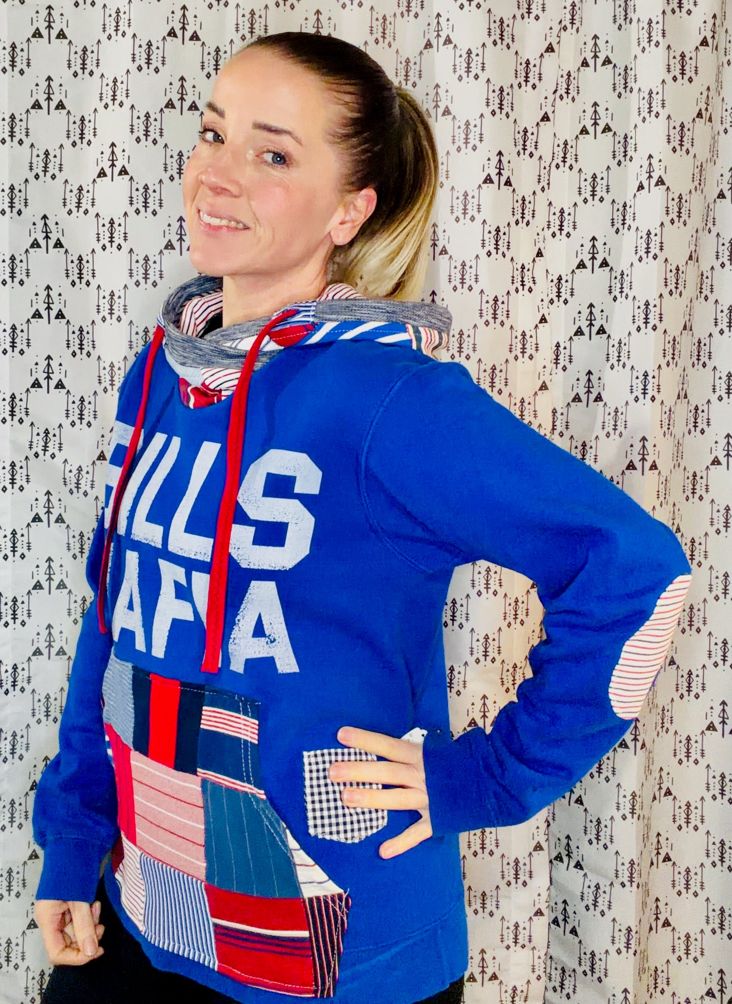 Blue Striped Patchwork Bills Mafia Hoodie Size Unisex- S/M