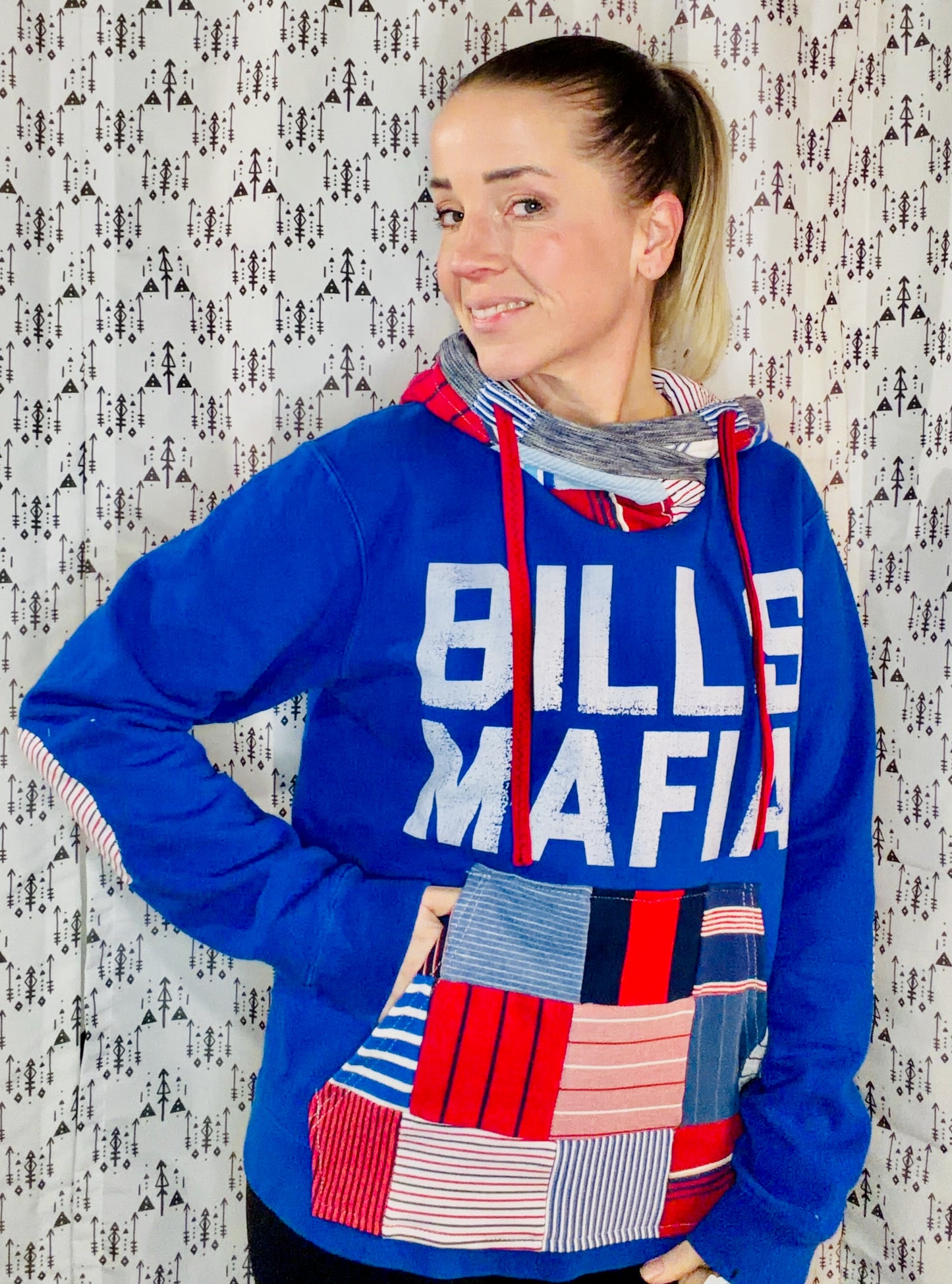 Blue Striped Patchwork Bills Mafia Hoodie Size Unisex- S/M