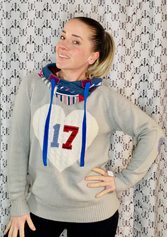 Grey I Heart #17 Striped Patchwork Sweater Hoodie Size Women's- M/L