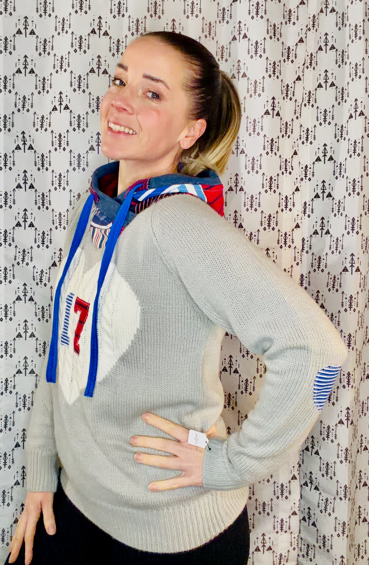 Grey I Heart #17 Striped Patchwork Sweater Hoodie Size Women's- M/L