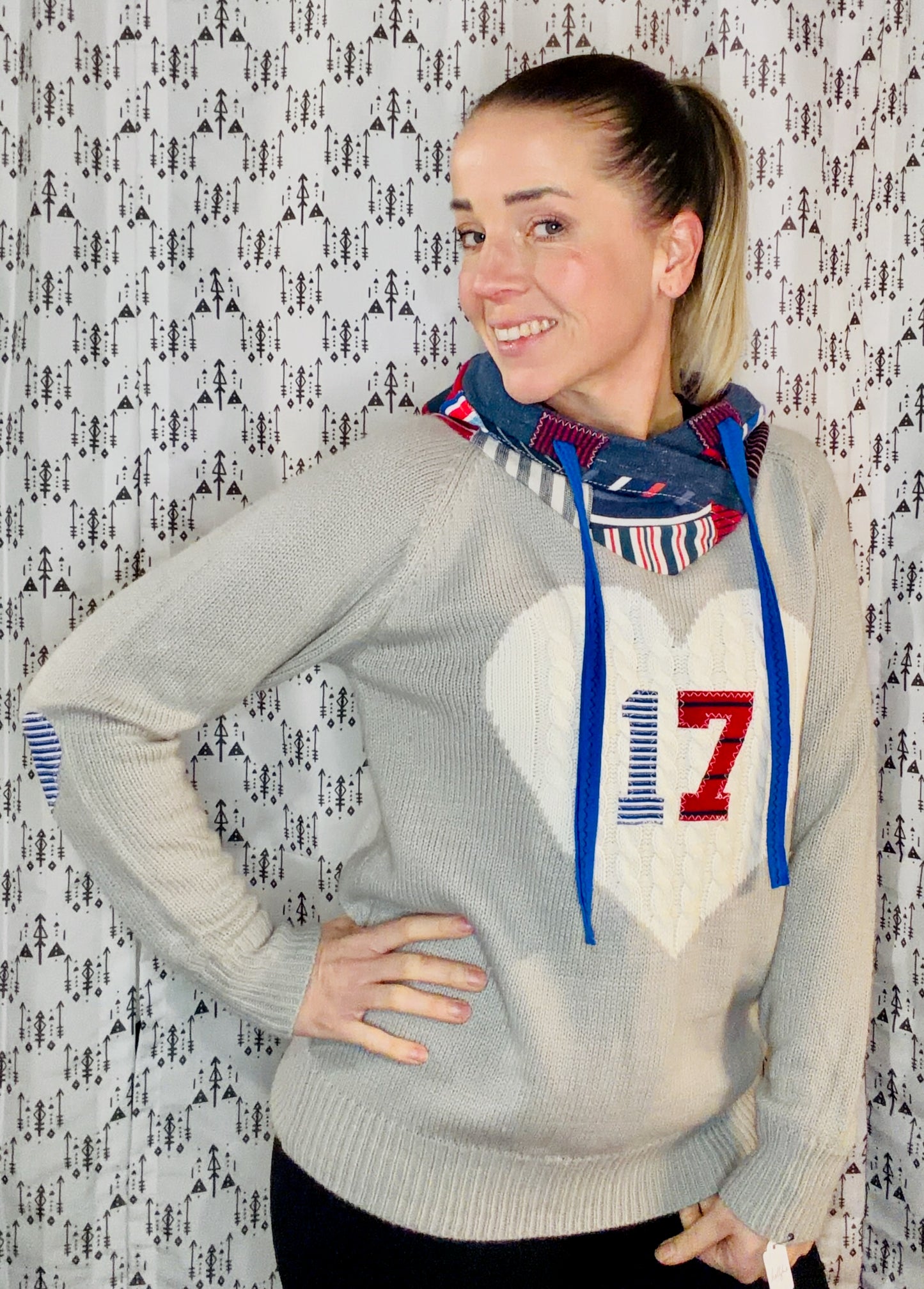 Grey I Heart #17 Striped Patchwork Sweater Hoodie Size Women's- M/L