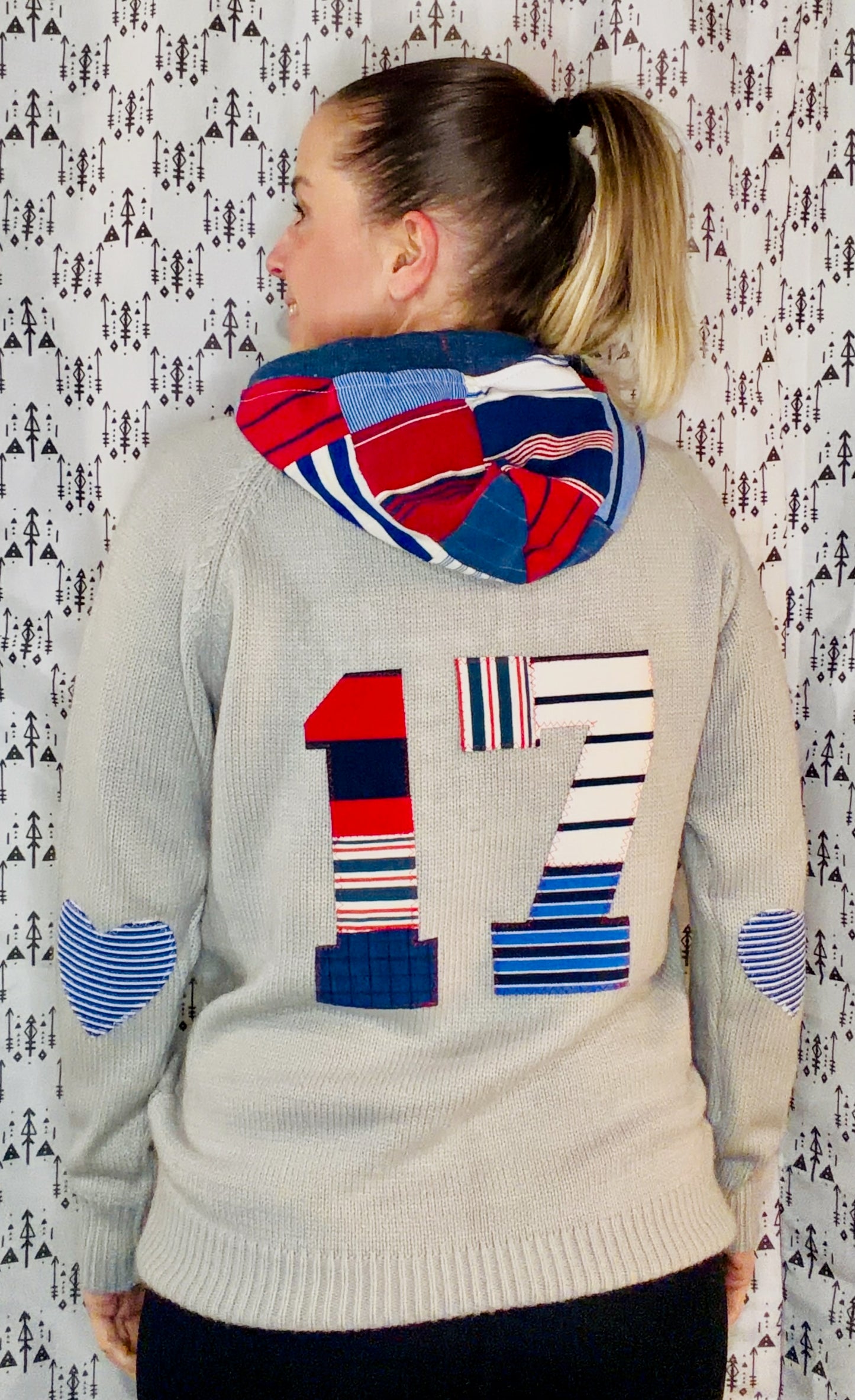 Grey I Heart #17 Striped Patchwork Sweater Hoodie Size Women's- M/L