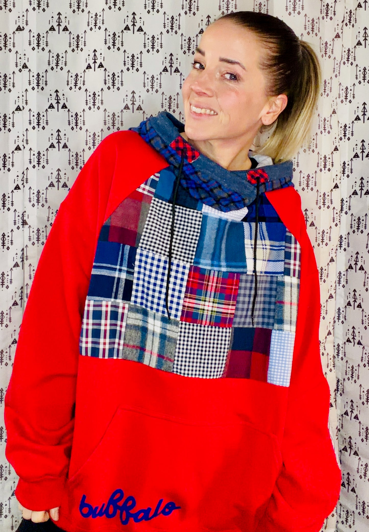 Red Plaid Patchwork Buffalo Hoodie Size Women's- XL/2X