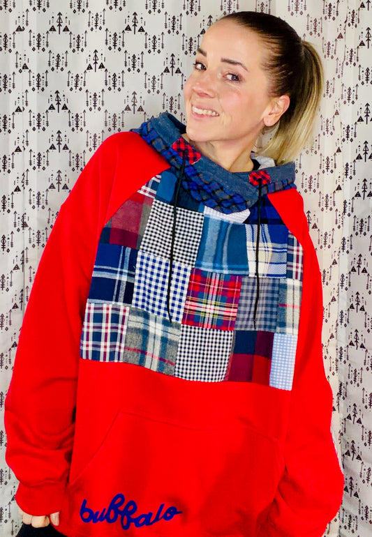 Red Plaid Patchwork Buffalo Hoodie Size Women's- XL/2X