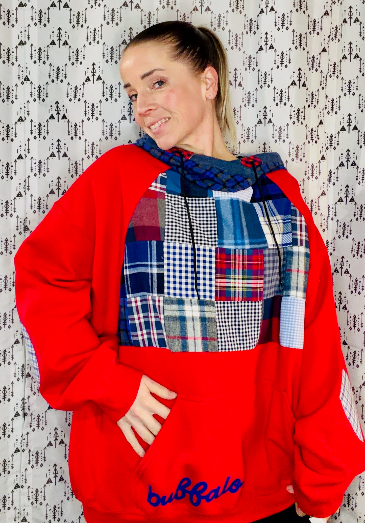 Red Plaid Patchwork Buffalo Hoodie Size Women's- XL/2X