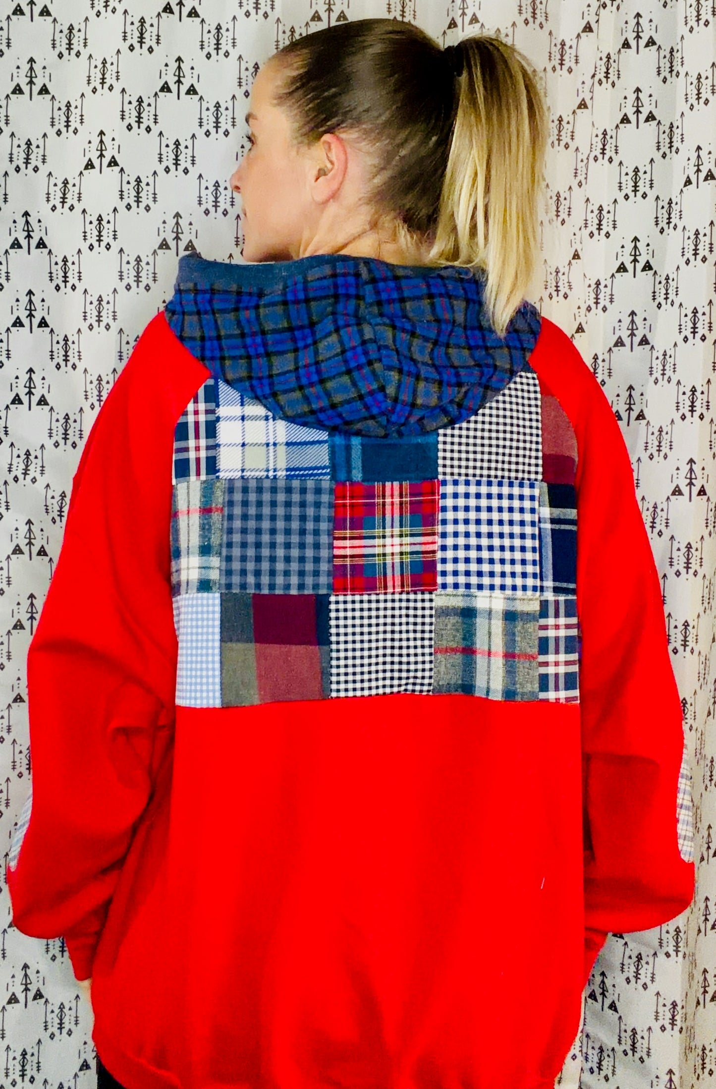 Red Plaid Patchwork Buffalo Hoodie Size Women's- XL/2X