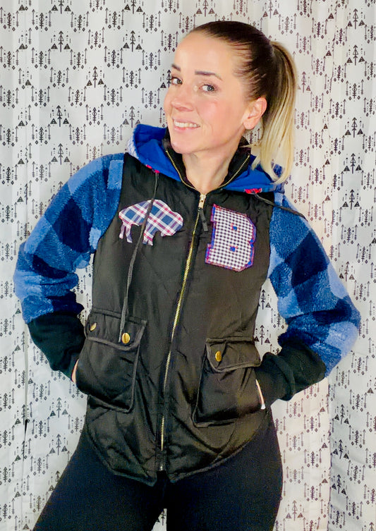 Black & Blue Plaid Sherpa Buffalo Football Zip-Up Jacket Size- Women's S/M
