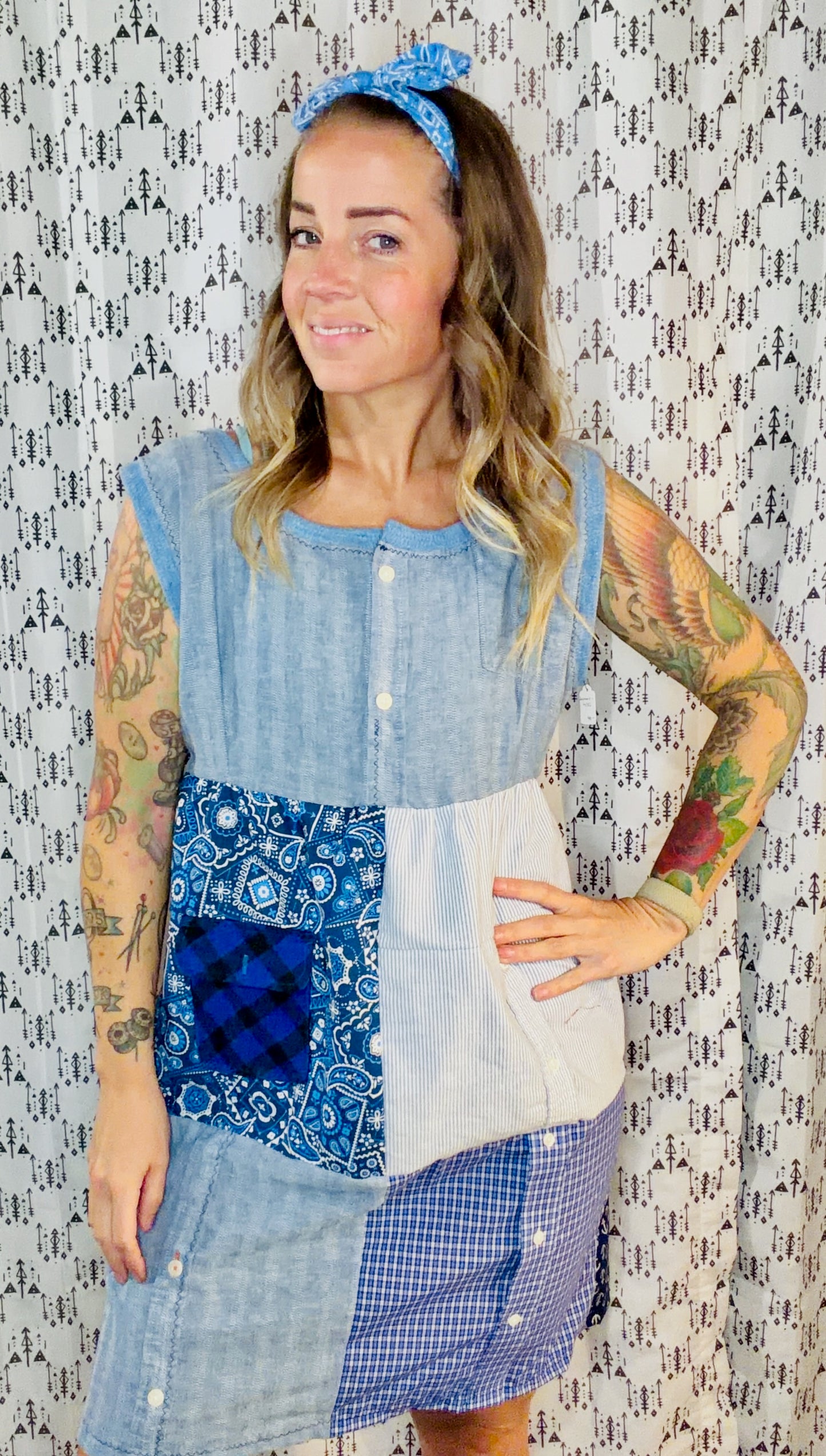 Blue Patchwork Shift Dress Size- L/XL