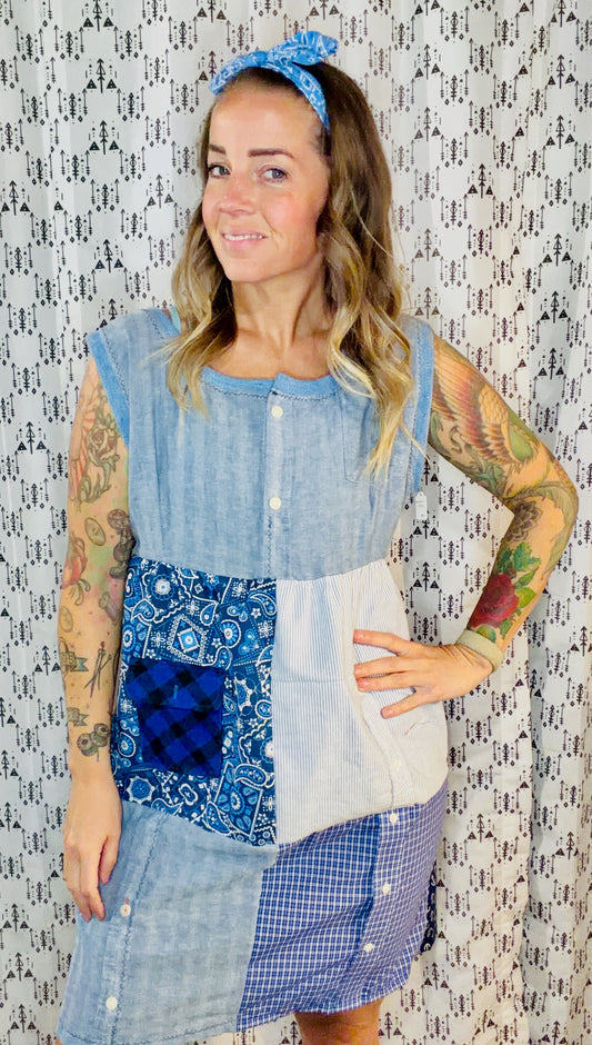 Blue Patchwork Shift Dress Size- L/XL