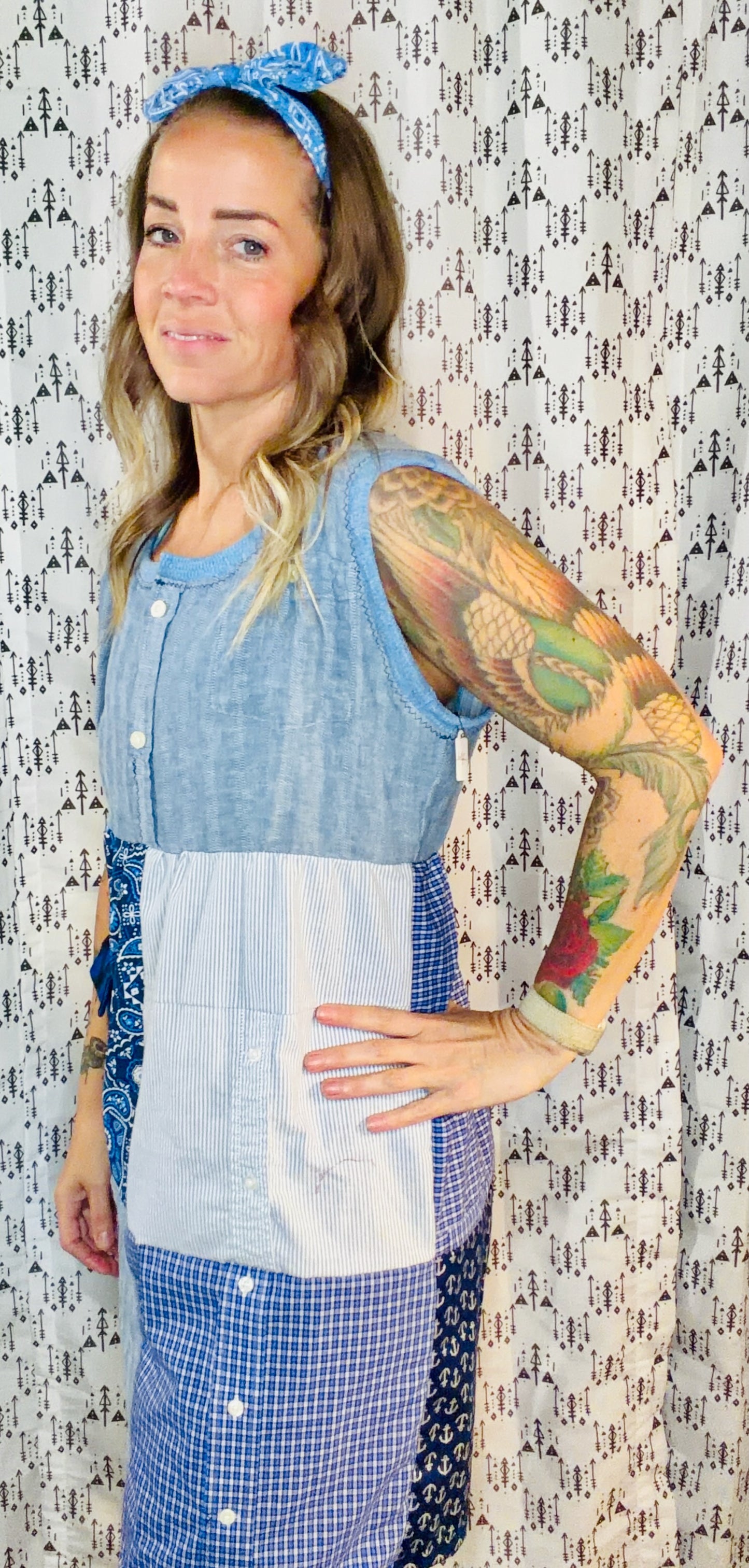 Blue Patchwork Shift Dress Size- L/XL