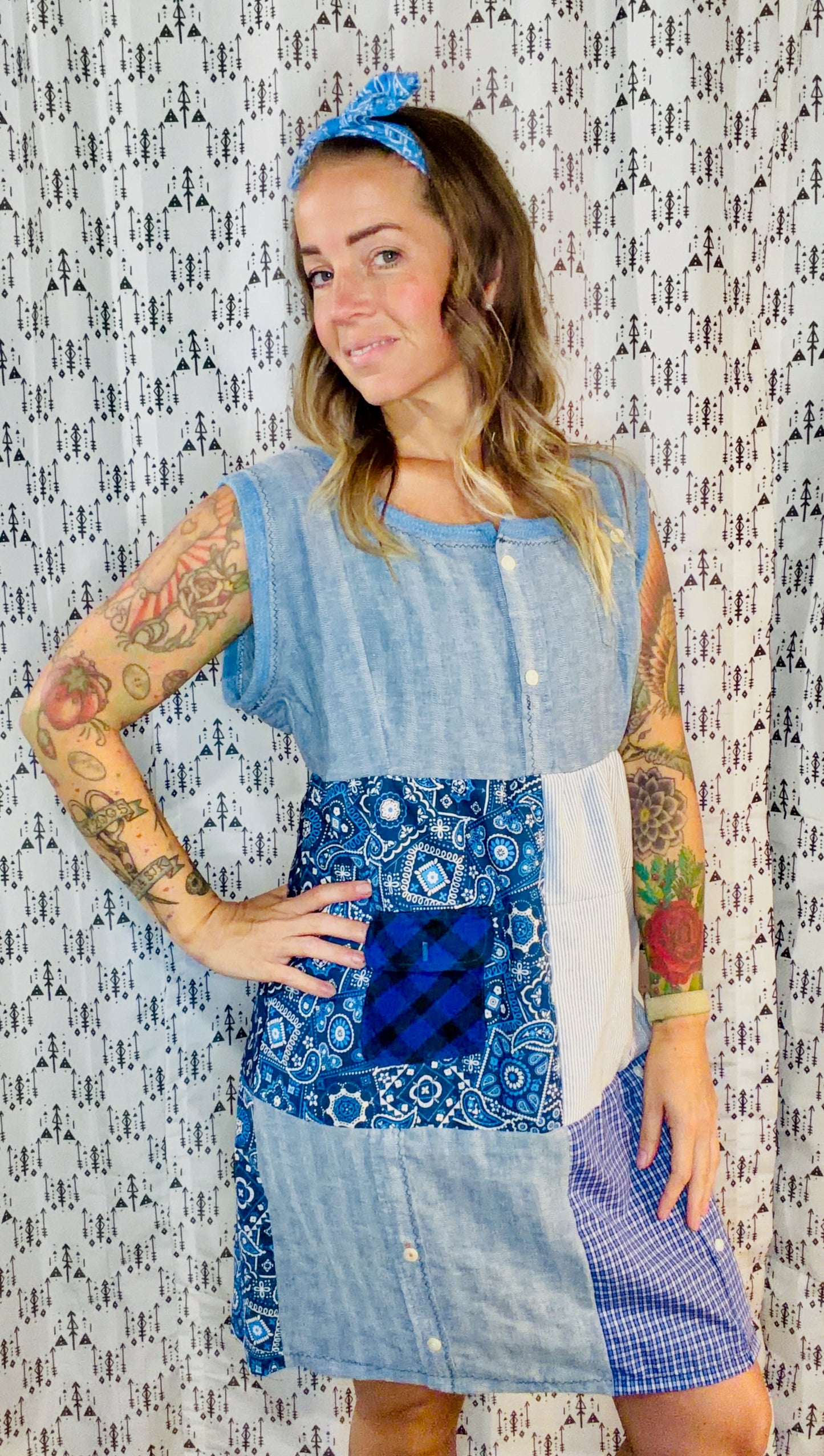 Blue Patchwork Shift Dress Size- L/XL