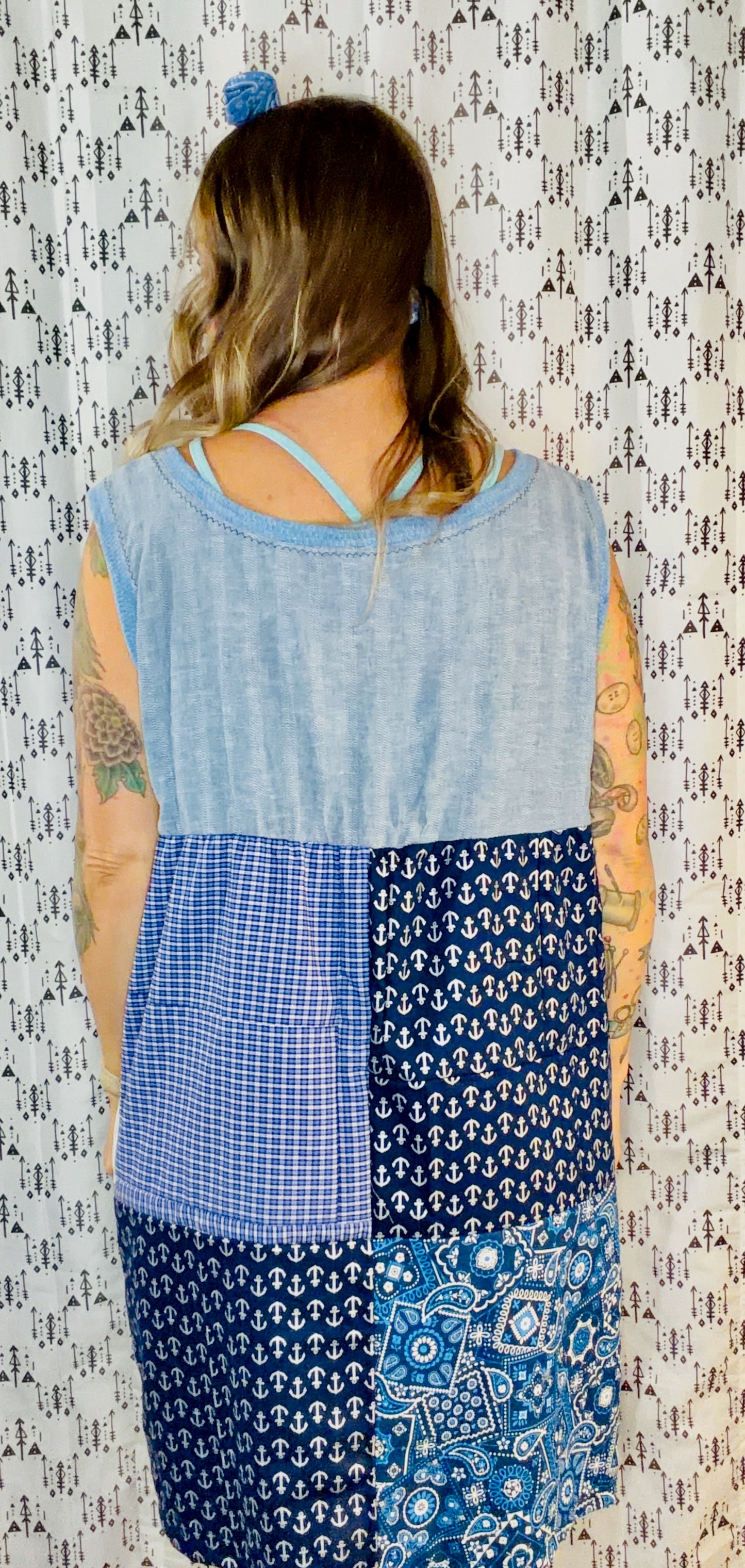 Blue Patchwork Shift Dress Size- L/XL