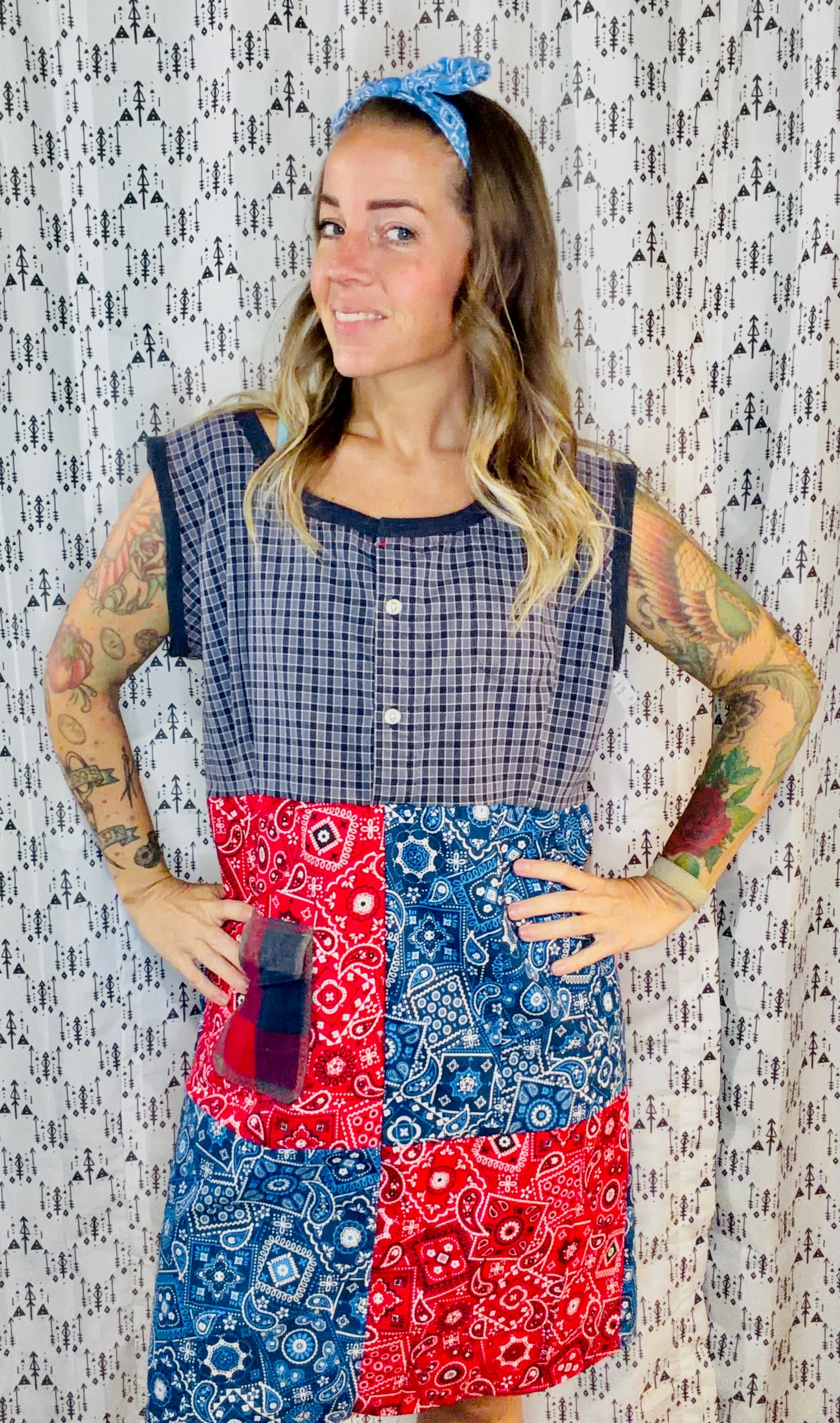 Blue & Red Patchwork Shift Dress Size- XL/2X