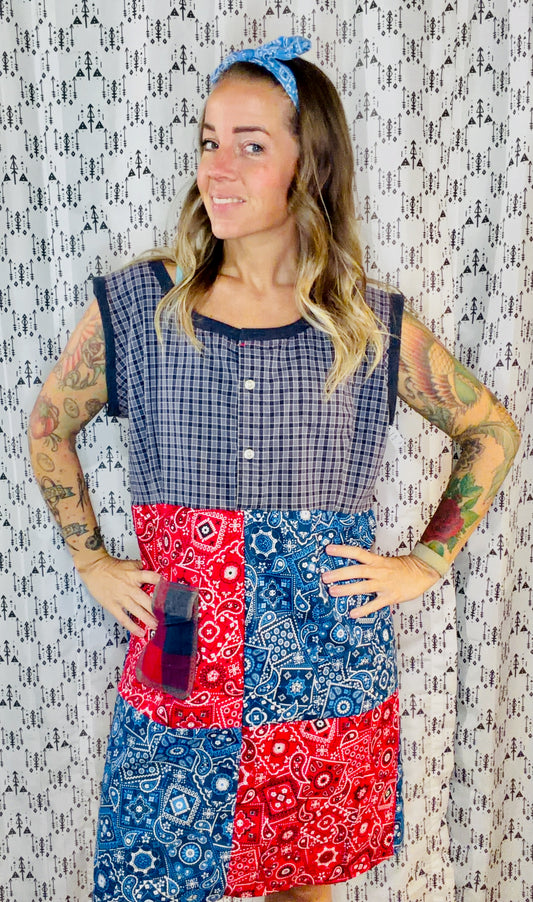 Blue & Red Patchwork Shift Dress Size- XL/2X