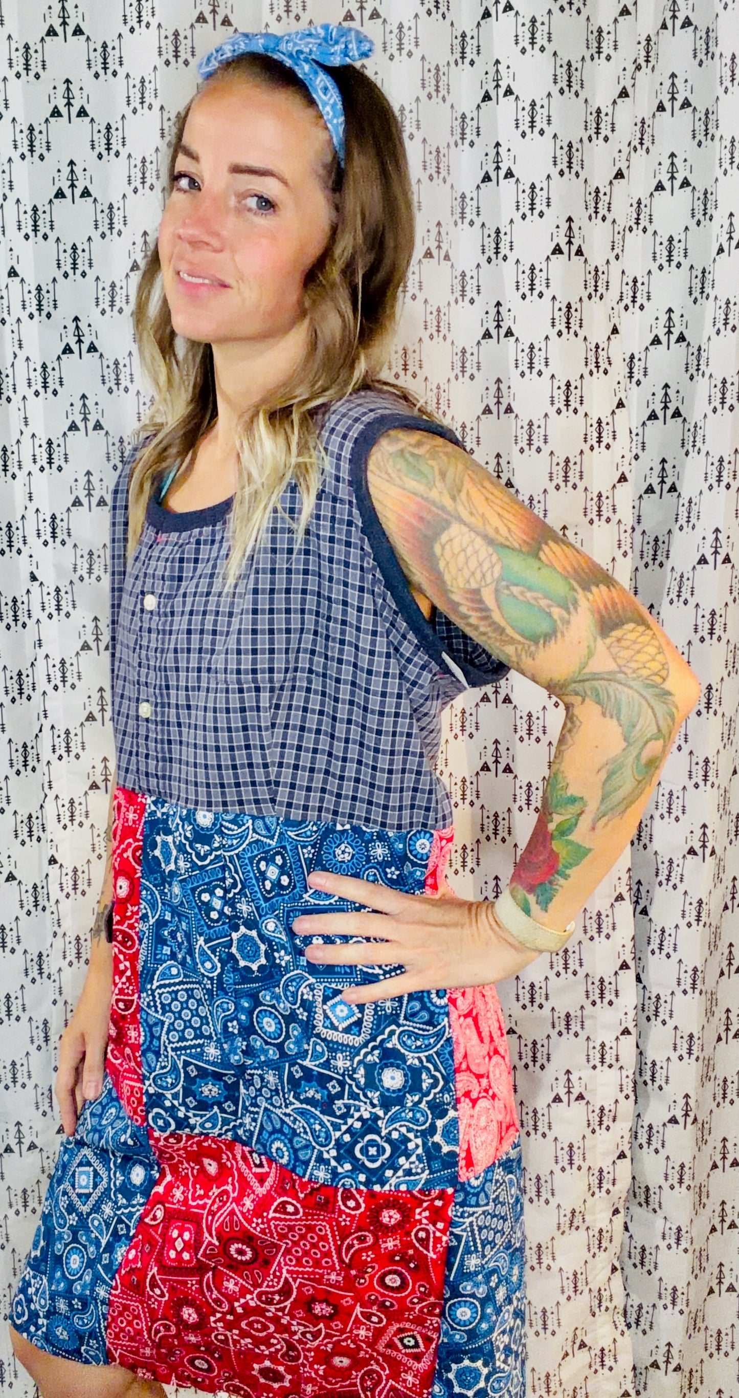 Blue & Red Patchwork Shift Dress Size- L/XL