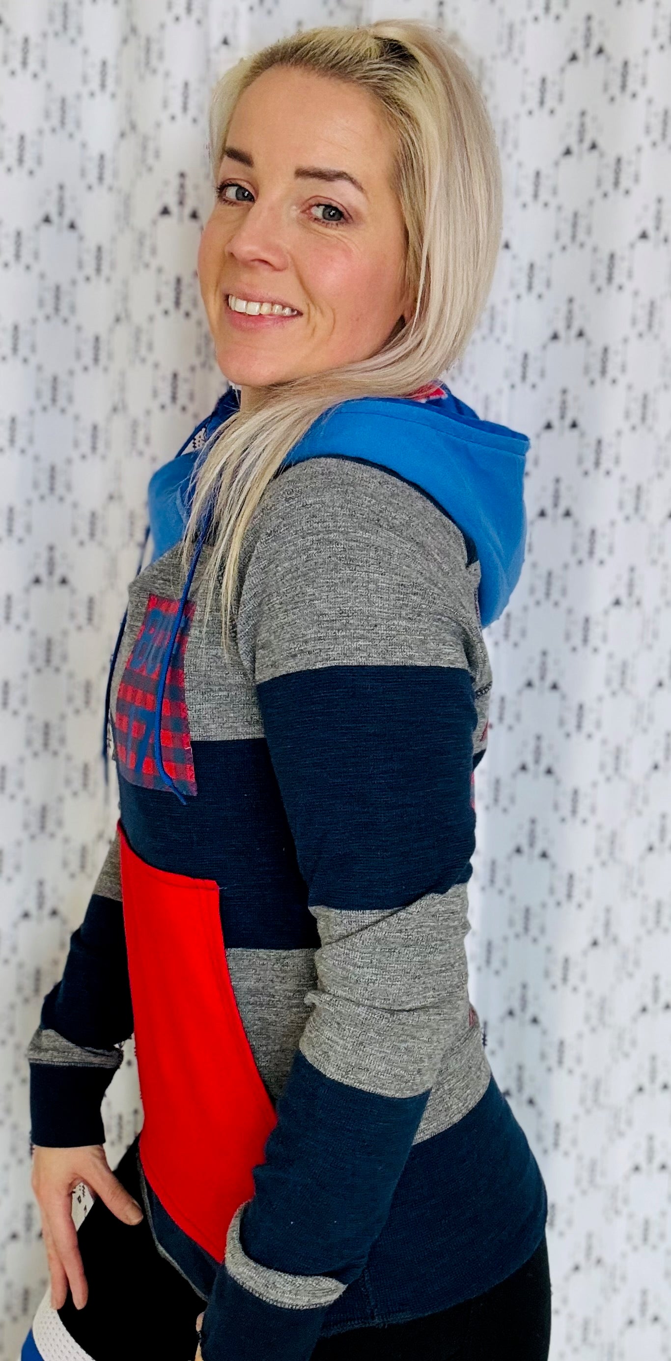 Blue & Grey Striped Josh Allen Buffalo Thermal Hoodie Size- Women's S/M