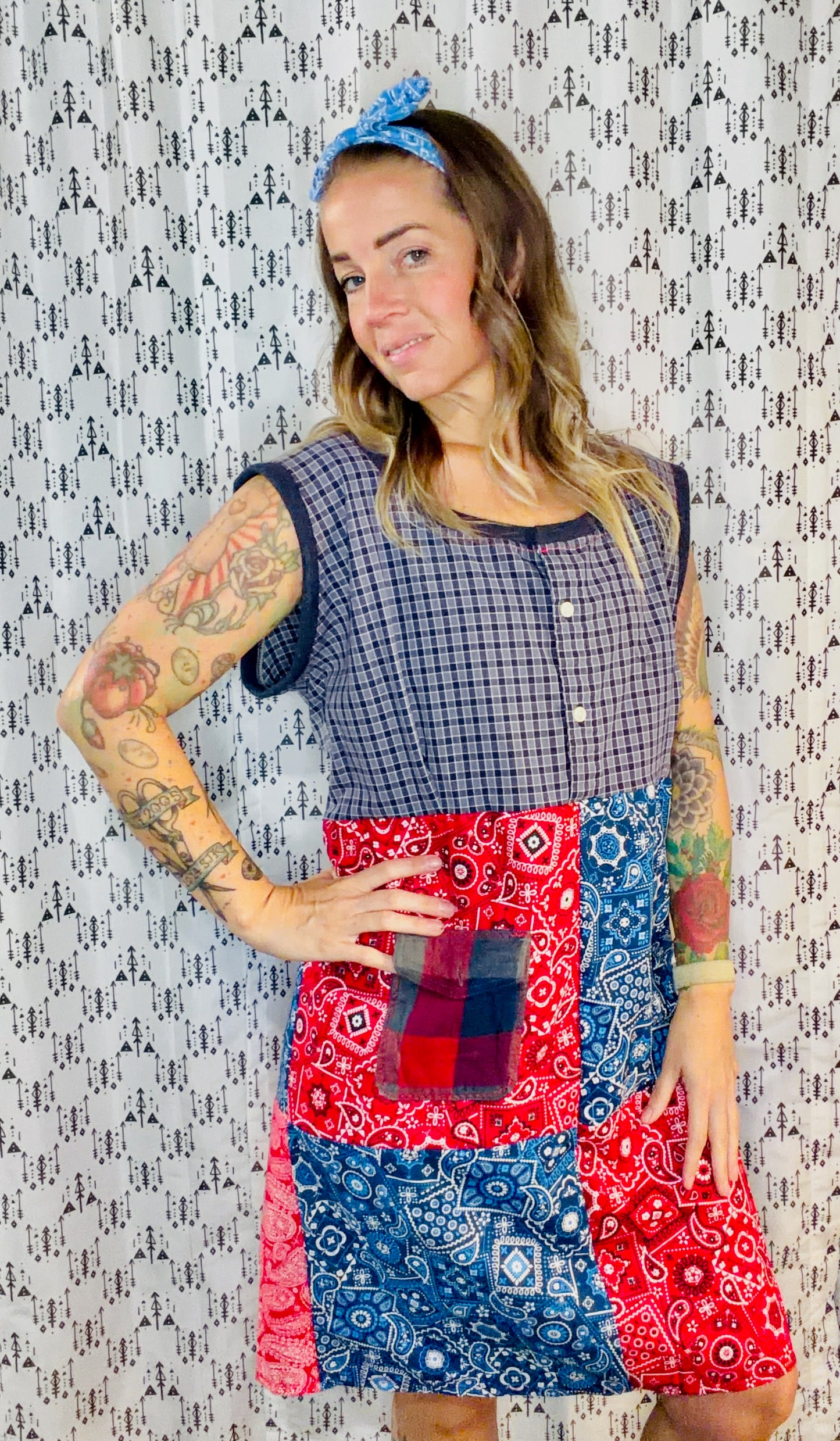 Blue & Red Patchwork Shift Dress Size- XL/2X