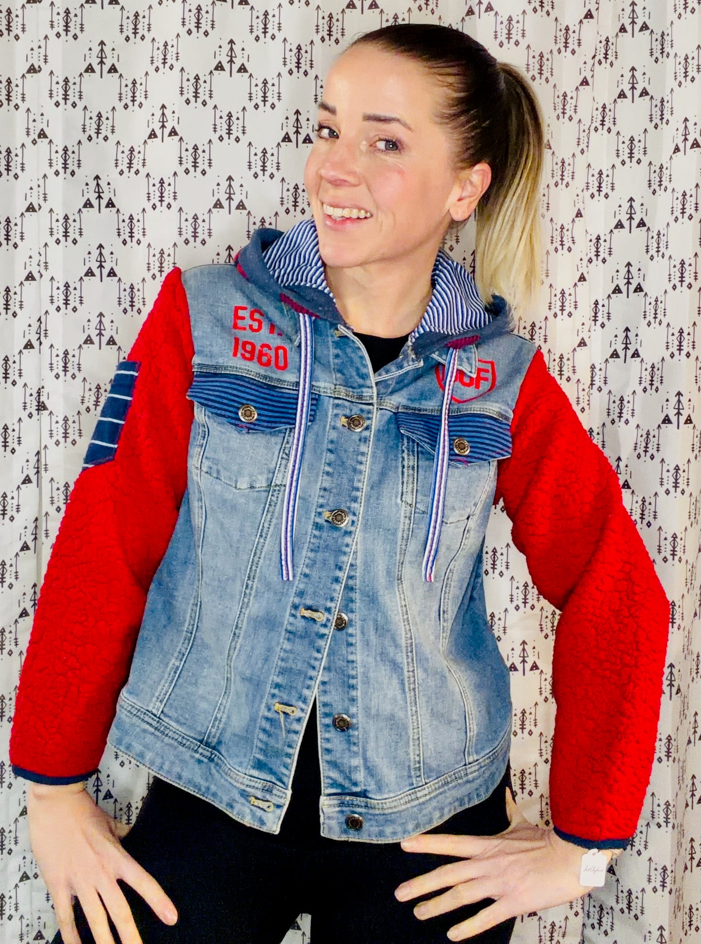 Red Sherpa & Denim Buffalo Football Hooded Jacket Size- Women's S/M