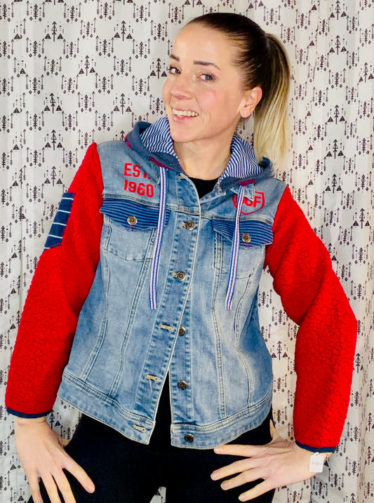 Red Sherpa & Denim Buffalo Football Hooded Jacket Size- Women's S/M