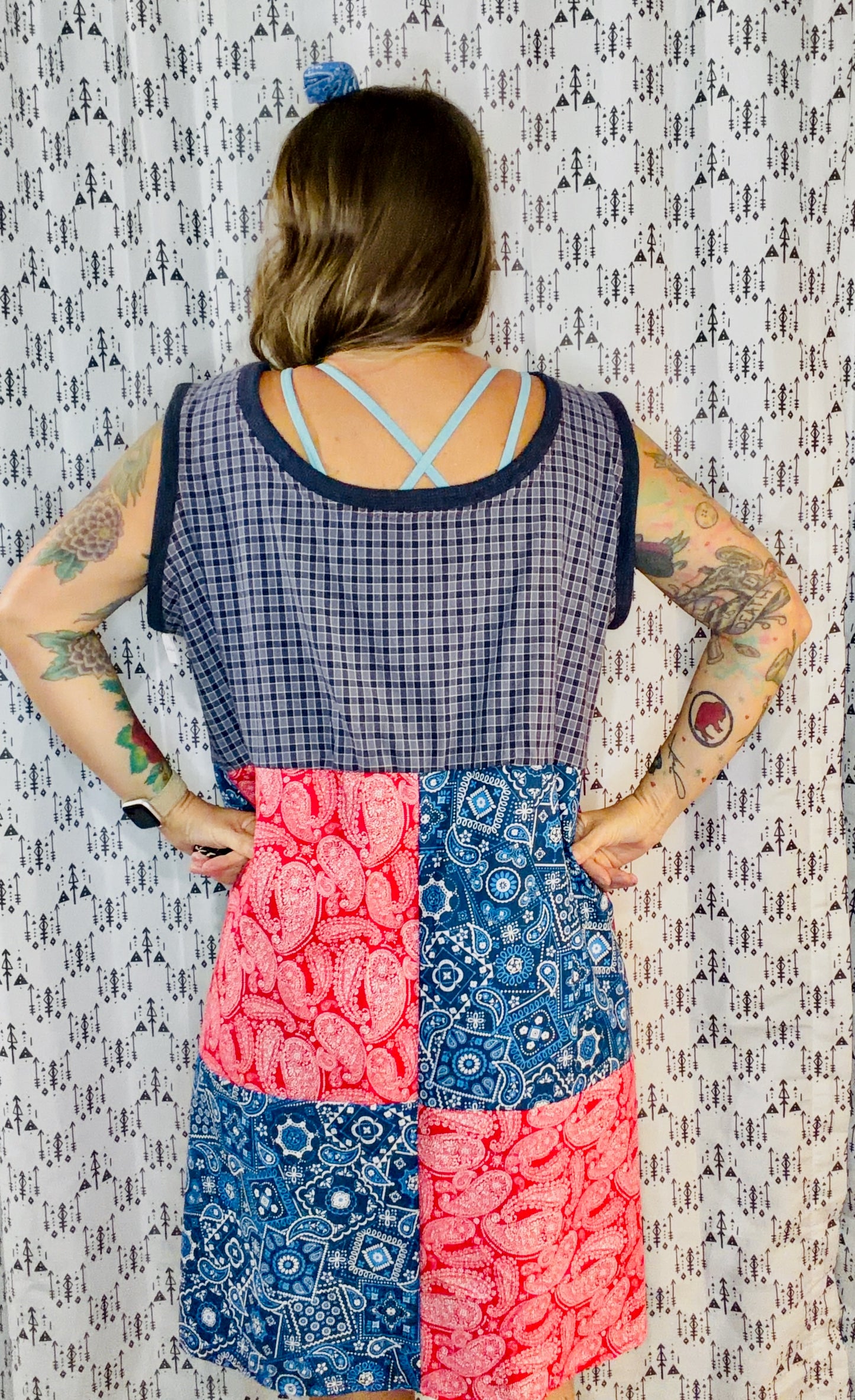 Blue & Red Patchwork Shift Dress Size- XL/2X