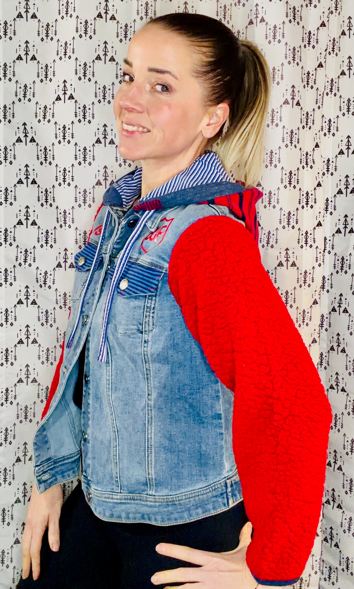 Red Sherpa & Denim Buffalo Football Hooded Jacket Size- Women's S/M