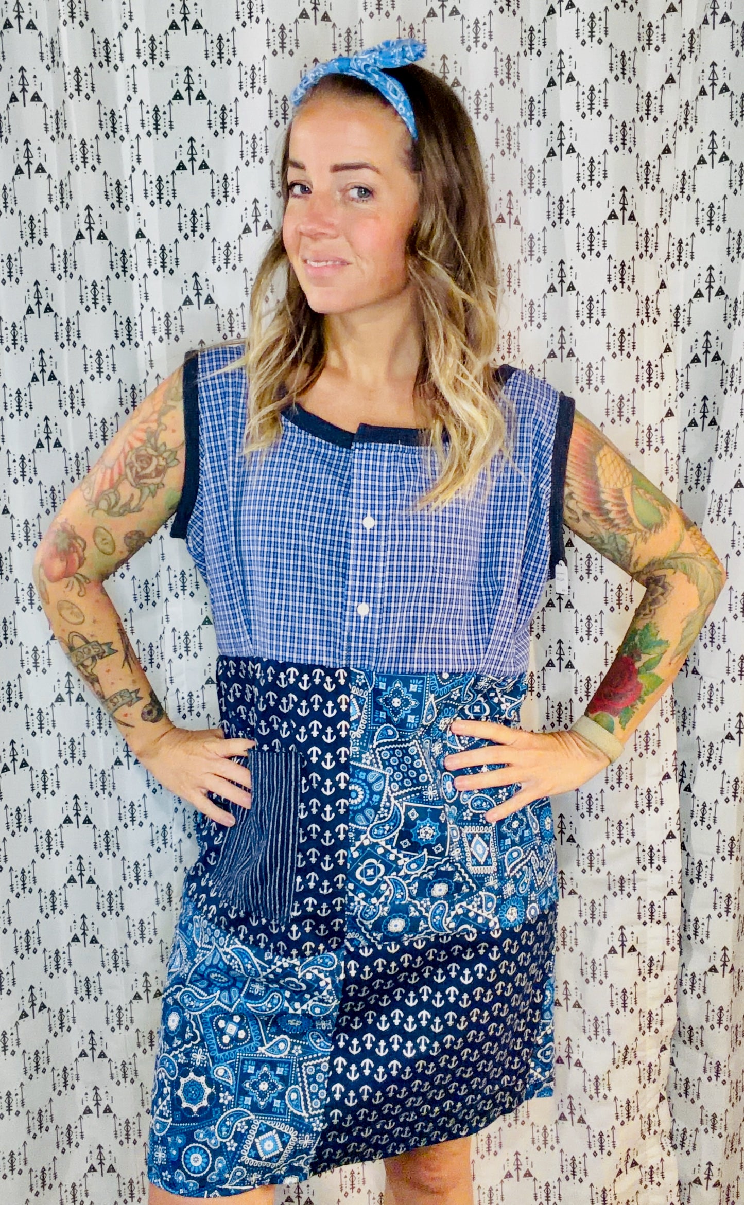 Blue Patchwork Shift Dress Size- XL/2X