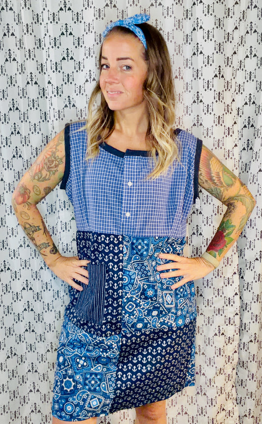 Blue Patchwork Shift Dress Size- XL/2X