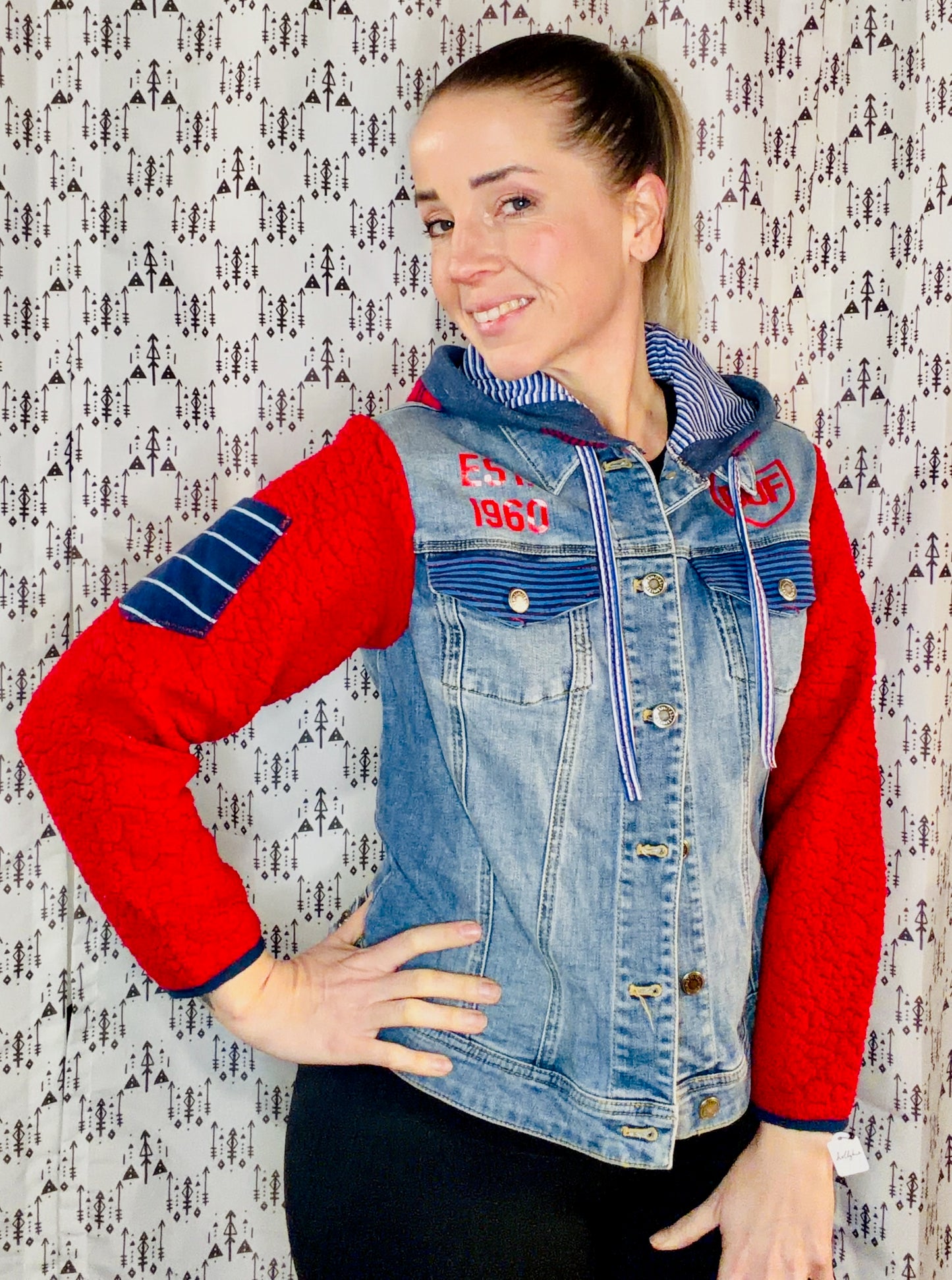 Red Sherpa & Denim Buffalo Football Hooded Jacket Size- Women's S/M