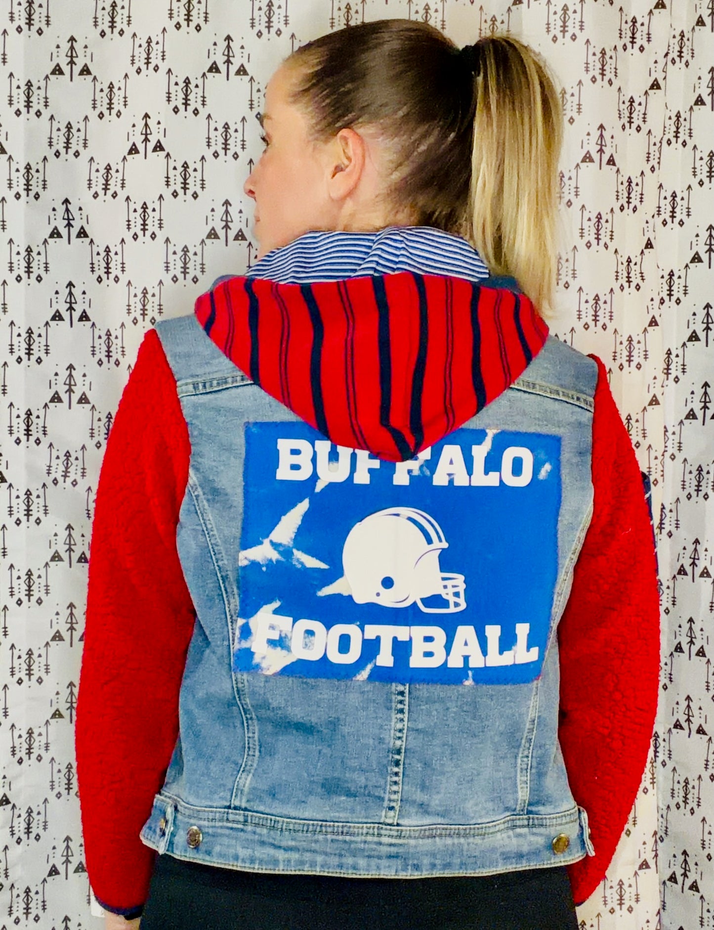Red Sherpa & Denim Buffalo Football Hooded Jacket Size- Women's S/M