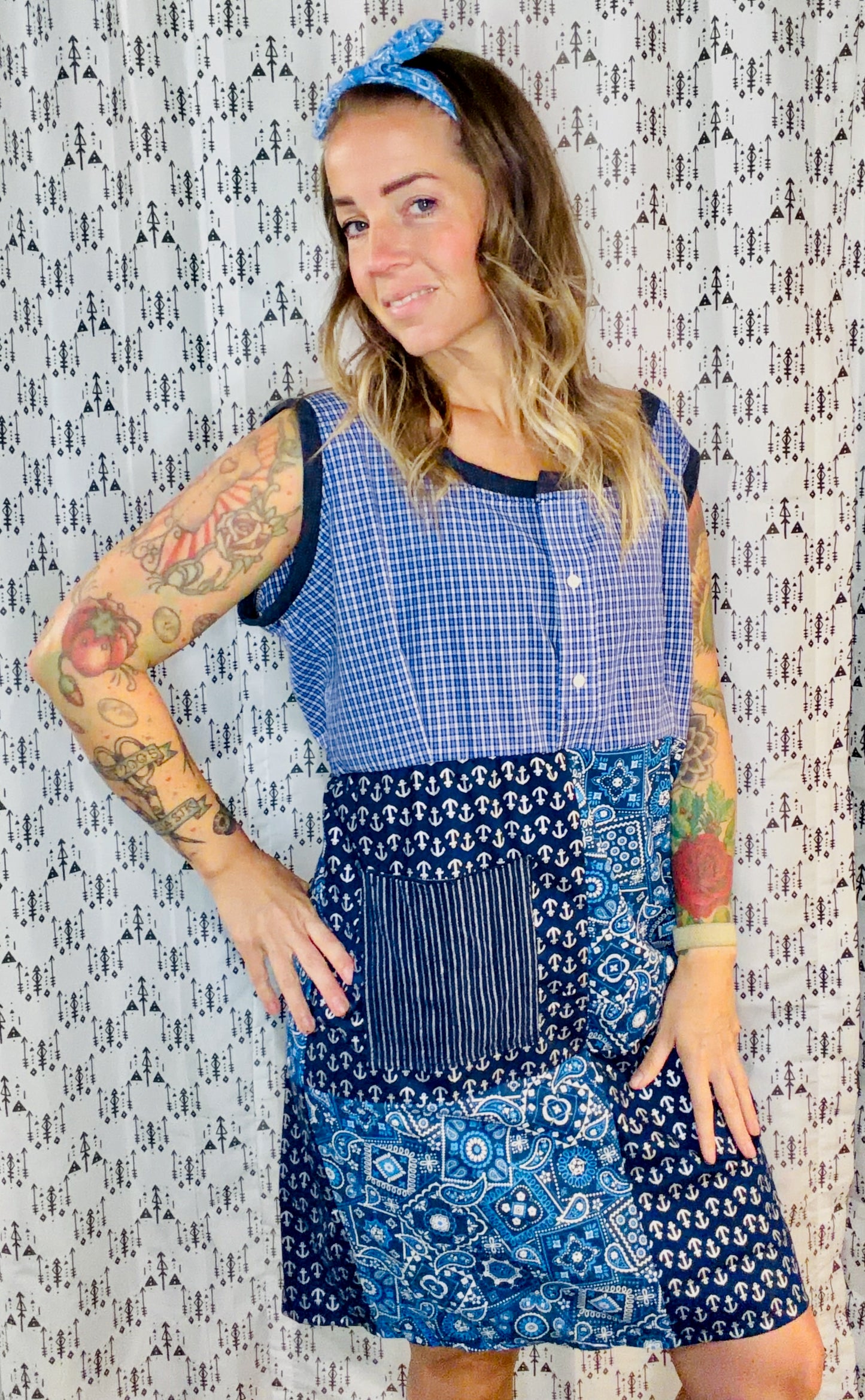 Blue Patchwork Shift Dress Size- XL/2X