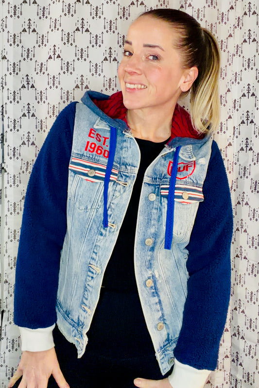 Blue Sherpa & Denim Buffalo Football Hooded Jacket Size- Women's XS/S