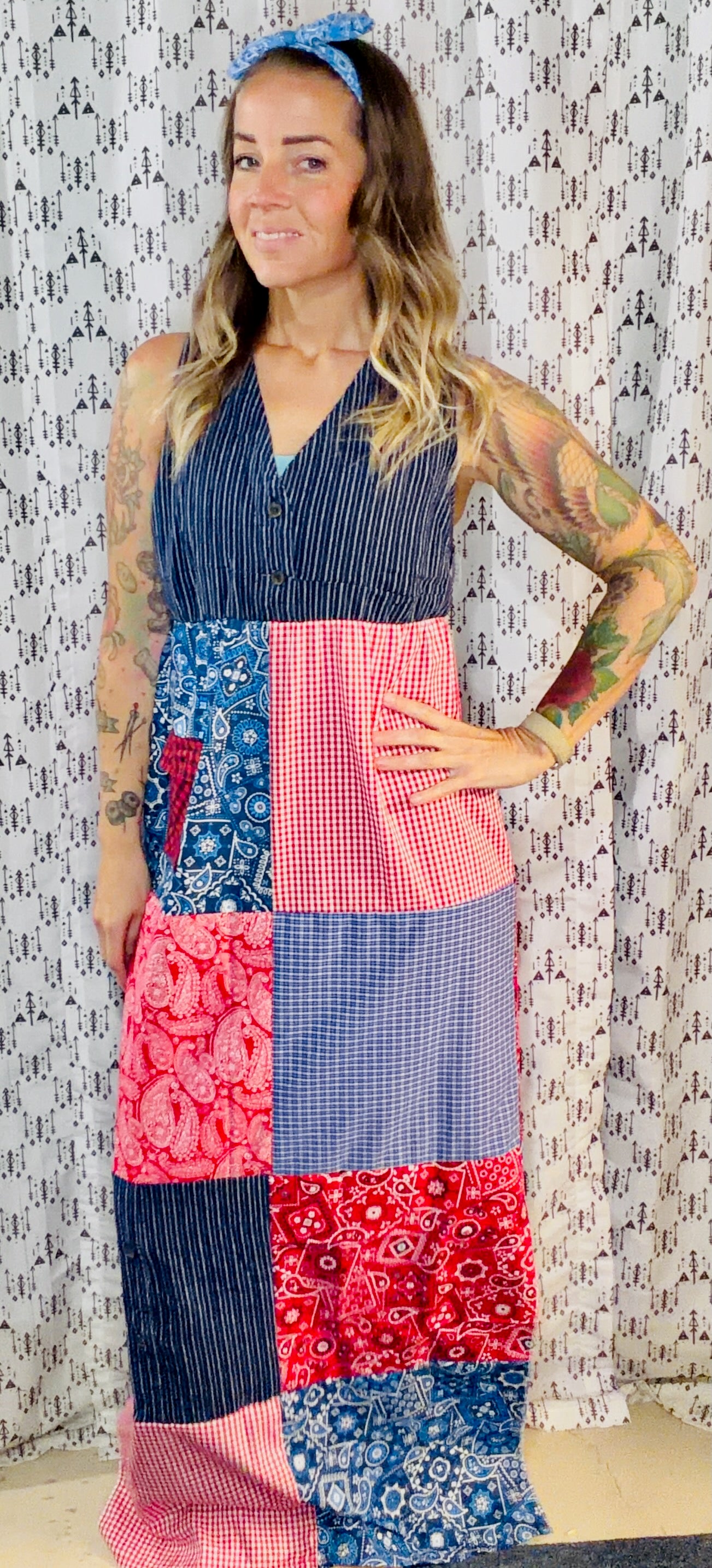 Blue & Red Patchwork Maxi Dress Size- S/M